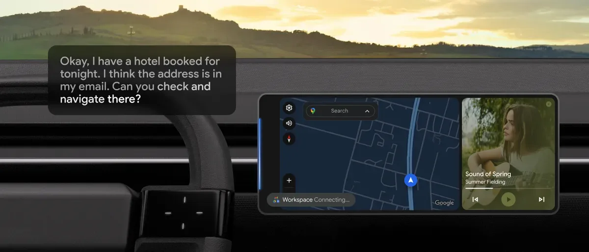 จอ Android Auto แสดง Gemini กำลังเชื่อมต่อ Workspace หลังผู้ขับขอให้หาที่อยู่โรงแรมในอีเมลแล้วนำทาง