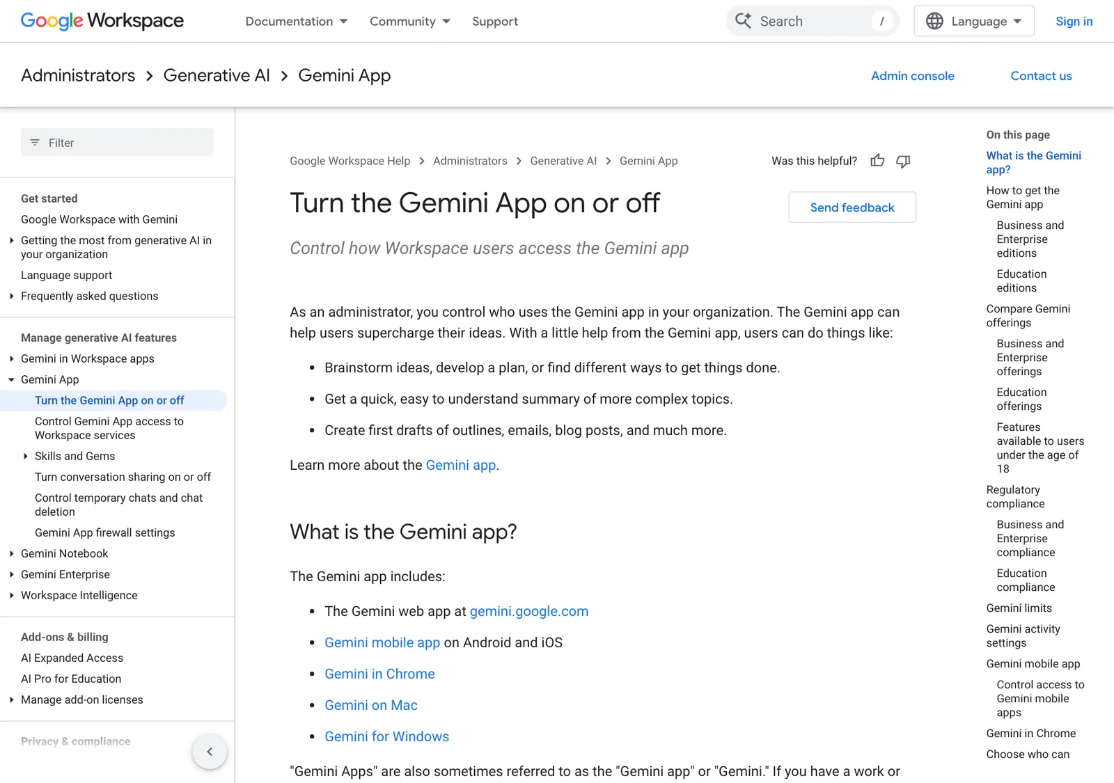 หน้าช่วยเหลือผู้ดูแล Google Workspace เรื่อง Turn the Gemini App on or off สำหรับควบคุมว่าใครใช้แอป Gemini ในองค์กรได้