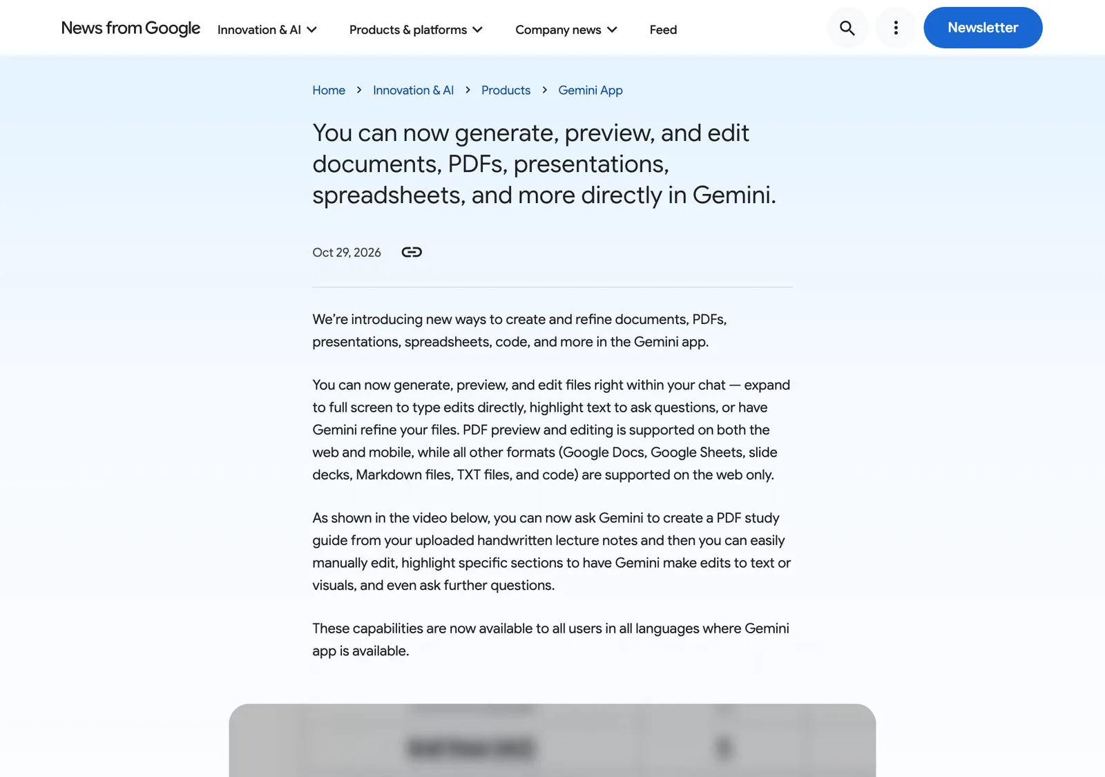 บล็อก News from Google วันที่ 29 ตุลาคม 2026 ประกาศว่าแก้เอกสาร PDF สไลด์ และสเปรดชีตใน Gemini ได้โดยตรง