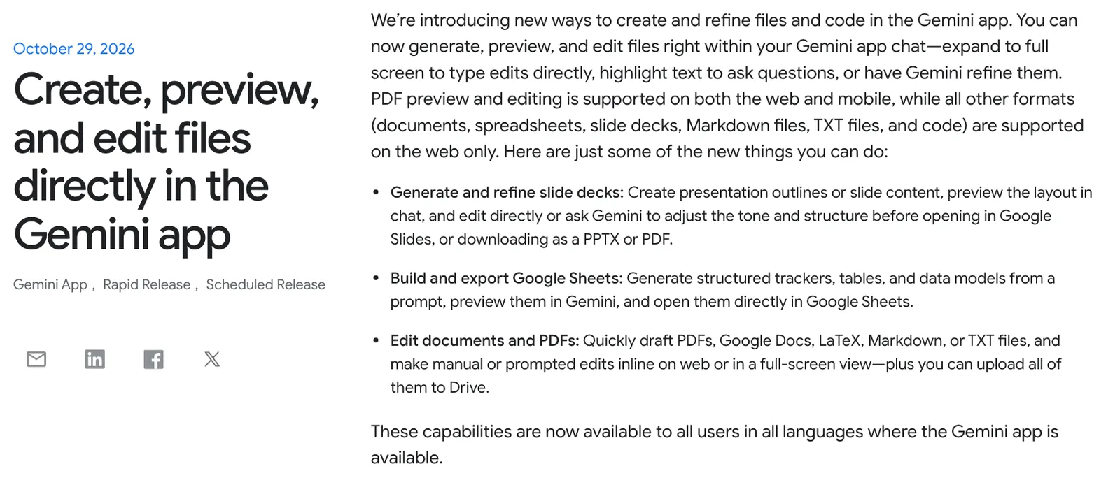 ประกาศวันที่ 29 ตุลาคม 2026 อธิบายการสร้างและแก้สไลด์ Google Sheets เอกสาร และ PDF ในแอป Gemini