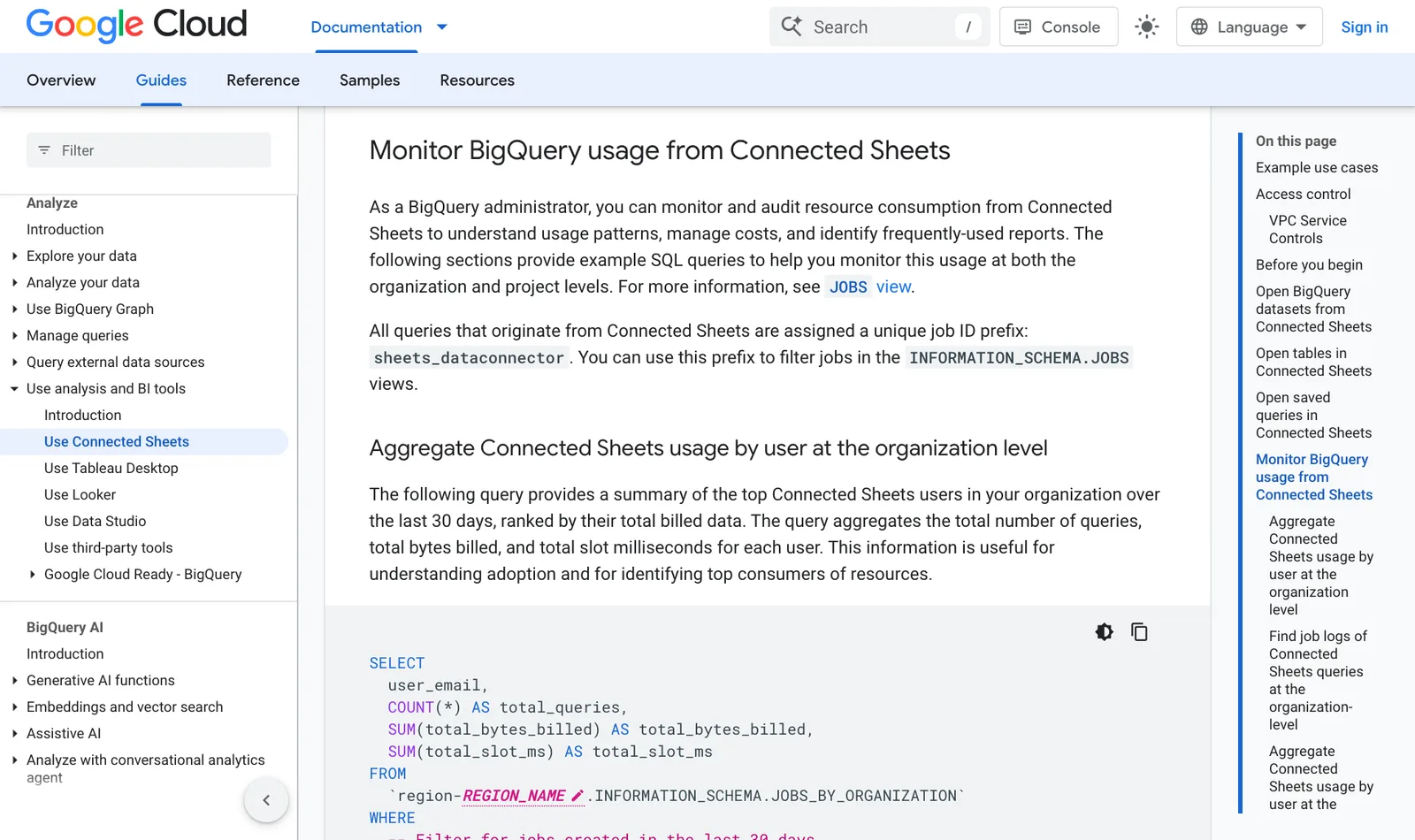 ภาพหน้าจอเอกสาร BigQuery หัวข้อ Monitor BigQuery usage from Connected Sheets ระบุว่าคิวรีจาก Connected Sheets มี job ID ขึ้นต้นด้วย sheets_dataconnector ให้กรองใน INFORMATION_SCHEMA.JOBS