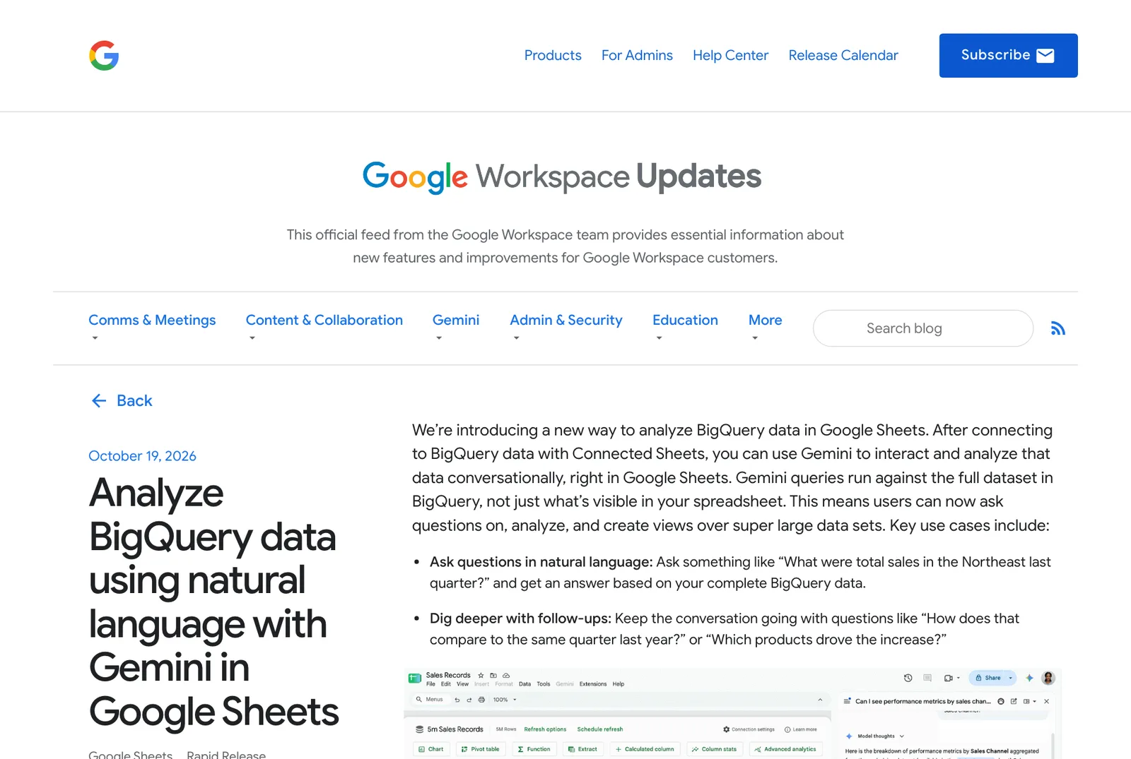 ภาพหน้าจอโพสต์ Analyze BigQuery data using natural language with Gemini in Google Sheets บนบล็อก Google Workspace Updates ลงวันที่ 19 ตุลาคม 2026