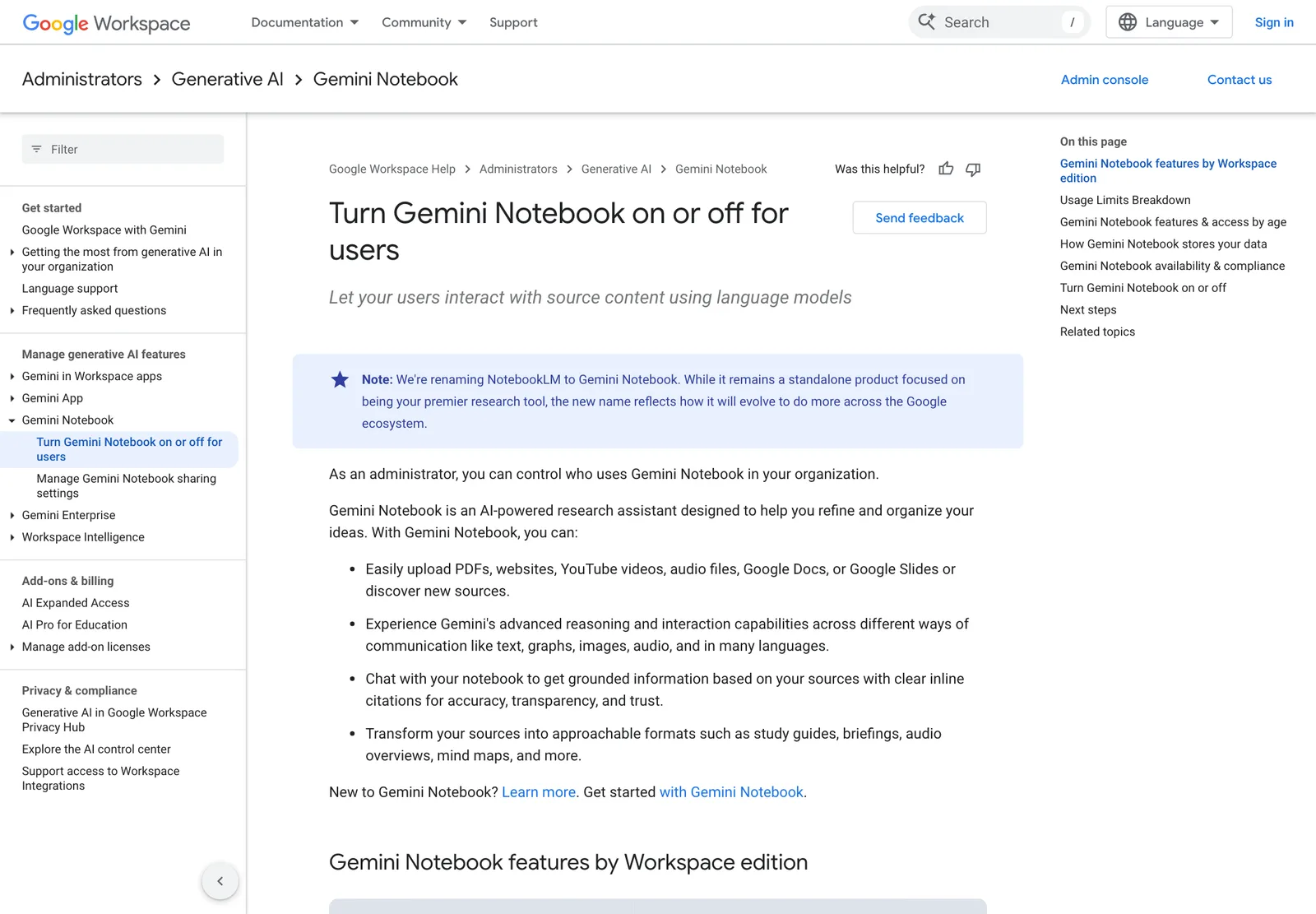 หน้า Google Workspace Admin Help เรื่อง Turn Gemini Notebook on or off for users ระบุว่า NotebookLM เปลี่ยนชื่อเป็น Gemini Notebook และแอดมินควบคุมผู้ใช้ได้