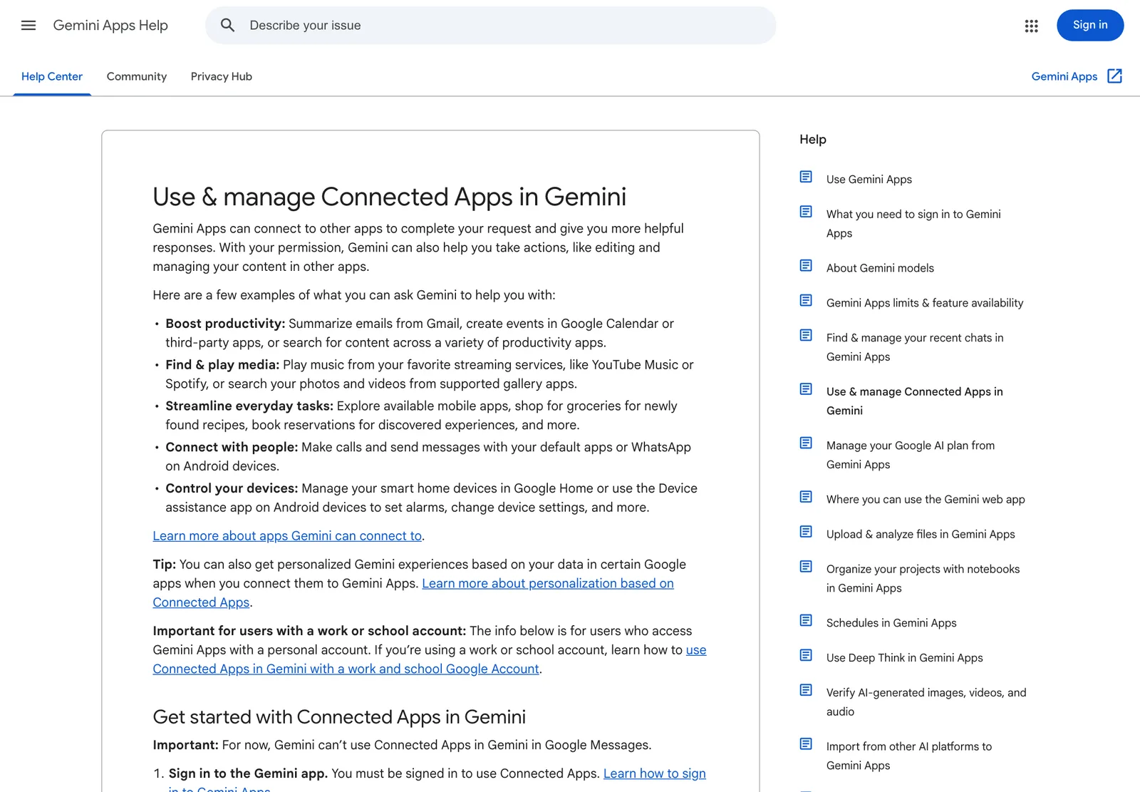 หน้า Gemini Apps Help เรื่อง Use & manage Connected Apps in Gemini อธิบายว่า Connected Apps ช่วยให้ Gemini ทำงานกับแอปอื่นได้ และมีข้อควรรู้สำหรับบัญชีงานและโรงเรียน