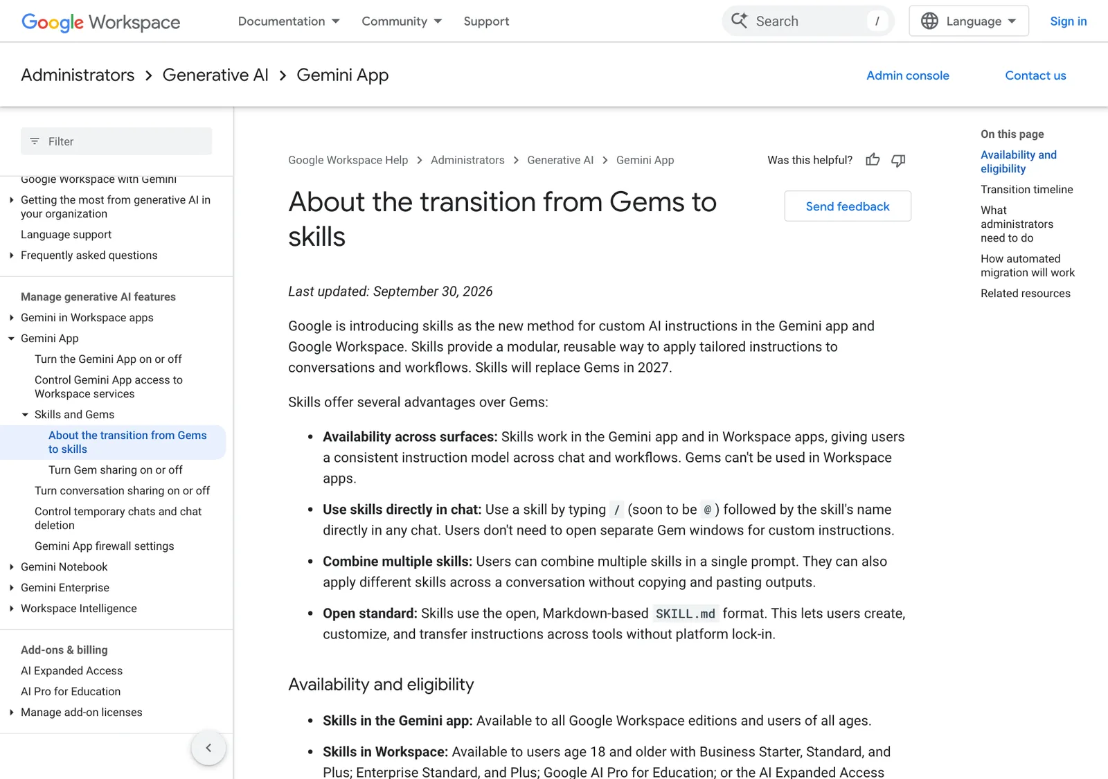 ภาพหน้าจอหน้าช่วยเหลือ About the transition from Gems to skills ของ Google Workspace ระบุว่า skills จะมาแทน Gems ในปี 2027 พร้อมข้อดีสี่ข้อ