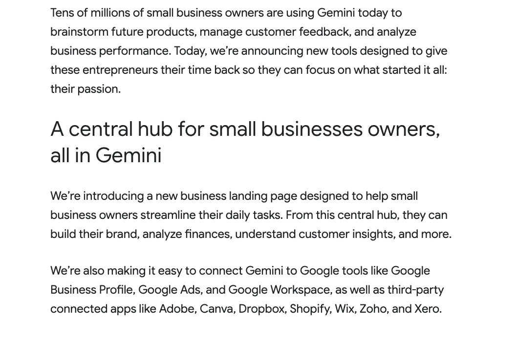 ข้อความในประกาศของ Google เรื่องหน้า business ใหม่ใน Gemini และรายชื่อแอปที่เชื่อมได้ เช่น Google Business Profile, Google Ads, Canva, Shopify และ Xero