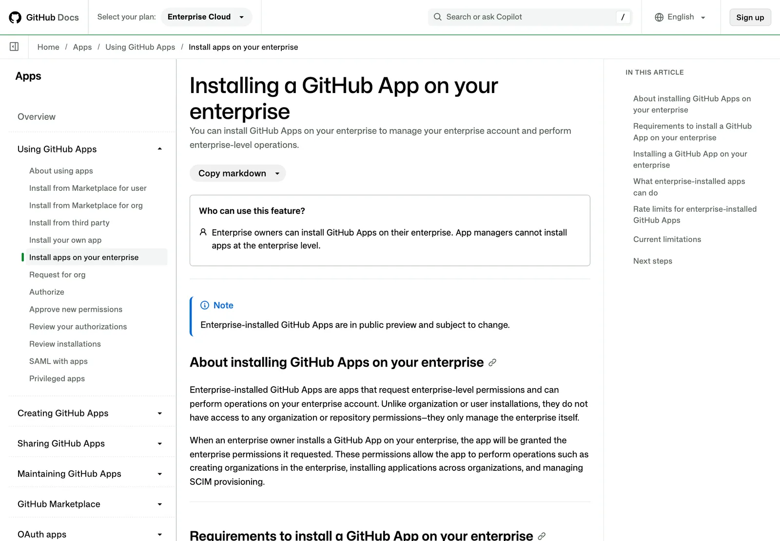 หน้า GitHub Docs หัวข้อ Installing a GitHub App on your enterprise ระบุว่าเฉพาะ enterprise owner ติดตั้งได้