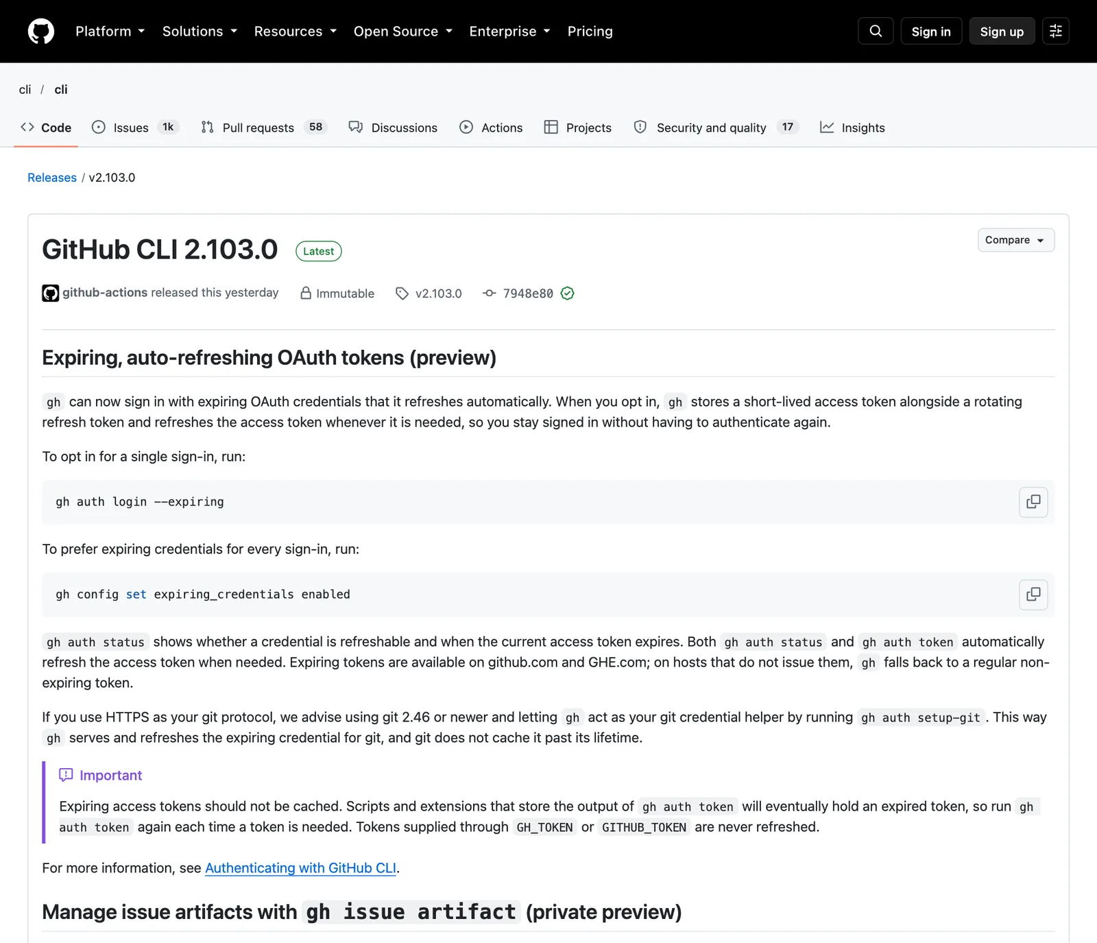 หน้า release GitHub CLI 2.103.0 ใน repository cli/cli แสดงหัวข้อ Expiring, auto-refreshing OAuth tokens (preview) คำสั่ง gh auth login --expiring และ gh config set expiring_credentials enabled