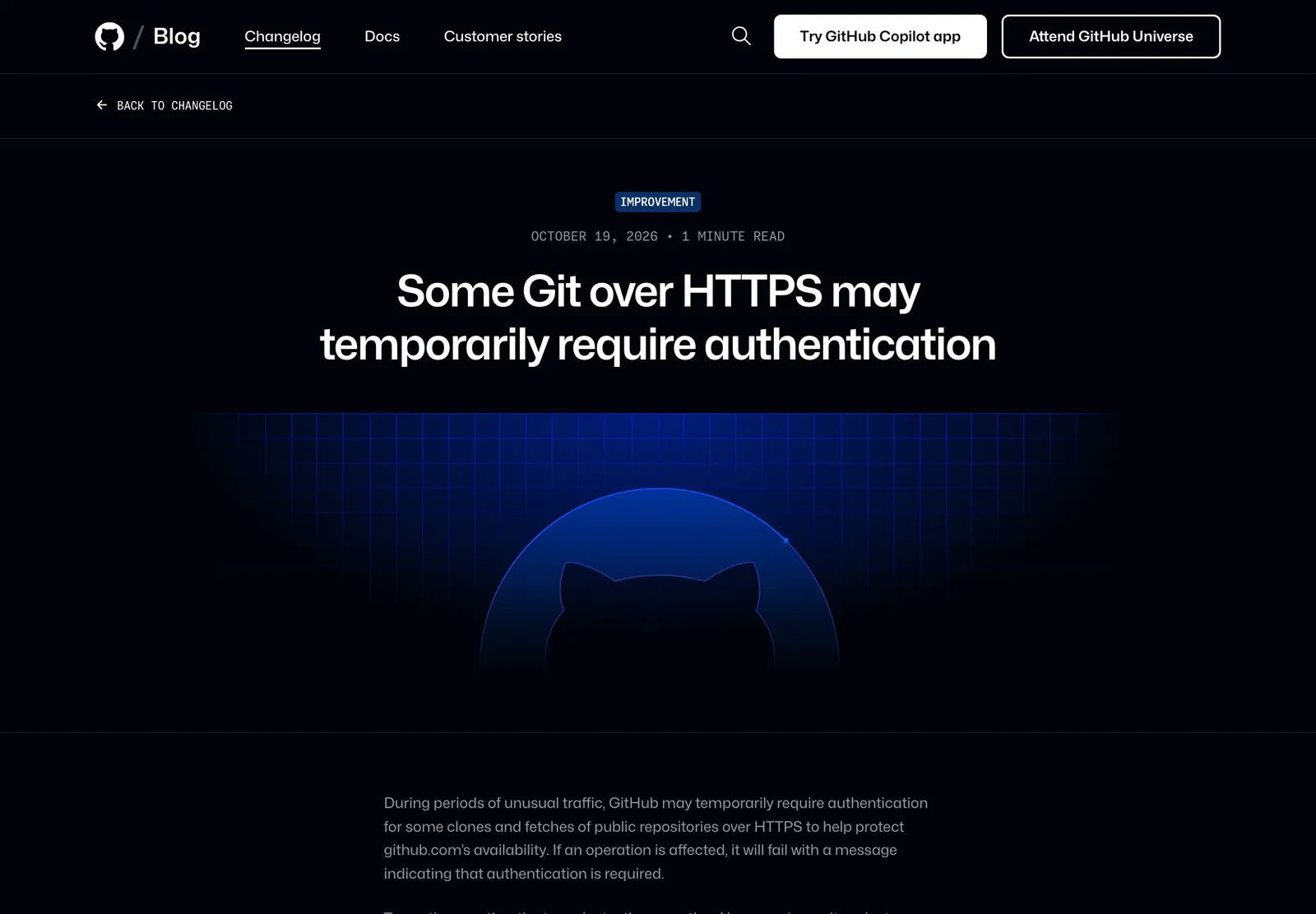หน้าประกาศ GitHub Changelog หัวข้อ Some Git over HTTPS may temporarily require authentication