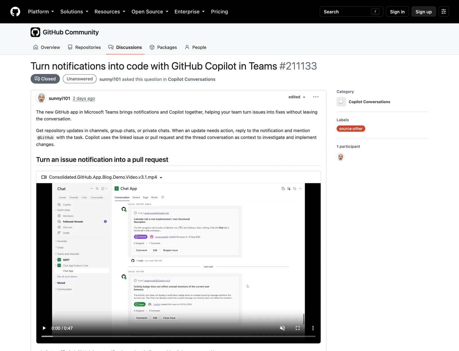 โพสต์ GitHub Community หมายเลข 211133 พร้อมคลิปสาธิตการแจ้งเตือน issue จาก GitHub ในแชต Microsoft Teams