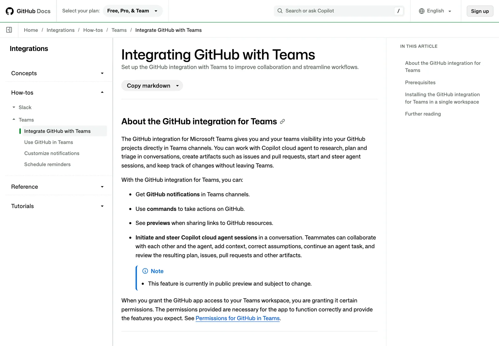 หน้า GitHub Docs หัวข้อ Integrating GitHub with Teams พร้อมหมายเหตุว่าฟีเจอร์ยังเป็น public preview