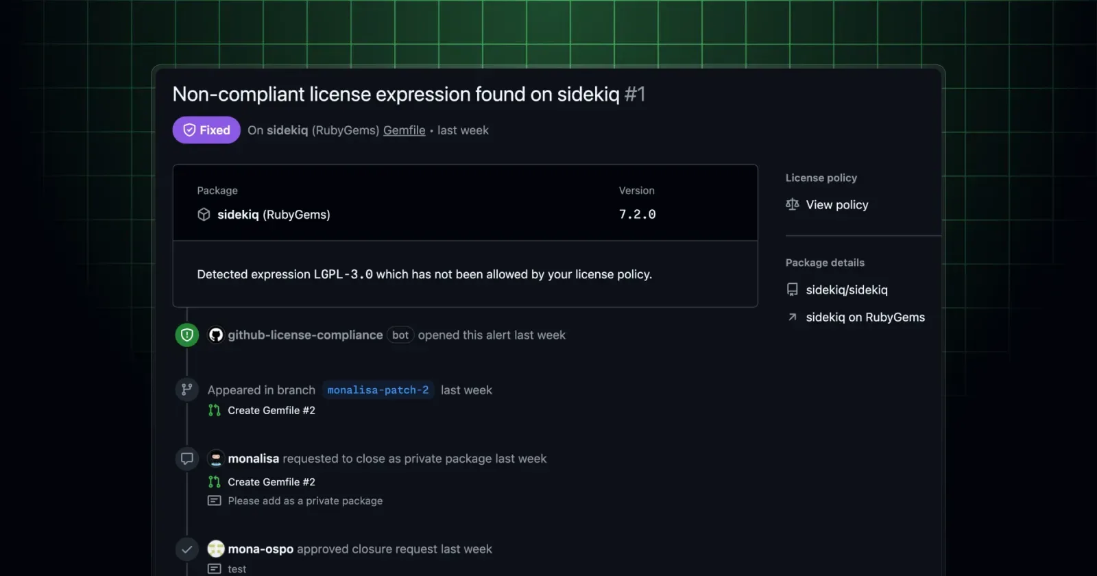 ลำดับเหตุการณ์ของการแจ้งเตือนไลเซนส์ใน GitHub: แพ็กเกจ sidekiq 7.2.0 ใช้ไลเซนส์ LGPL-3.0 ที่นโยบายไม่อนุญาต ผู้พัฒนาขอปิดเป็นแพ็กเกจส่วนตัว และผู้ดูแลอนุมัติคำขอ