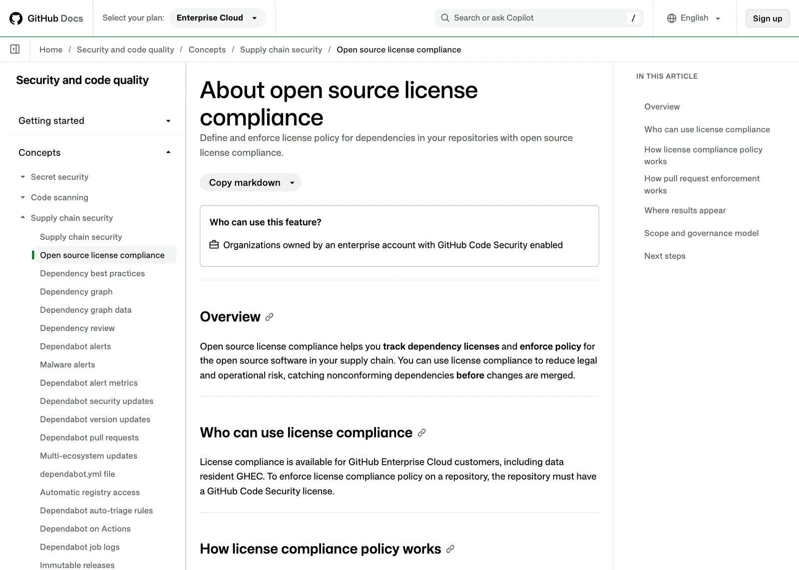 หน้า About open source license compliance ใน GitHub Docs ระบุผู้ใช้ได้คือองค์กรใน enterprise account ที่เปิด GitHub Code Security และฟีเจอร์ใช้ได้กับ GitHub Enterprise Cloud รวมแบบ data resident