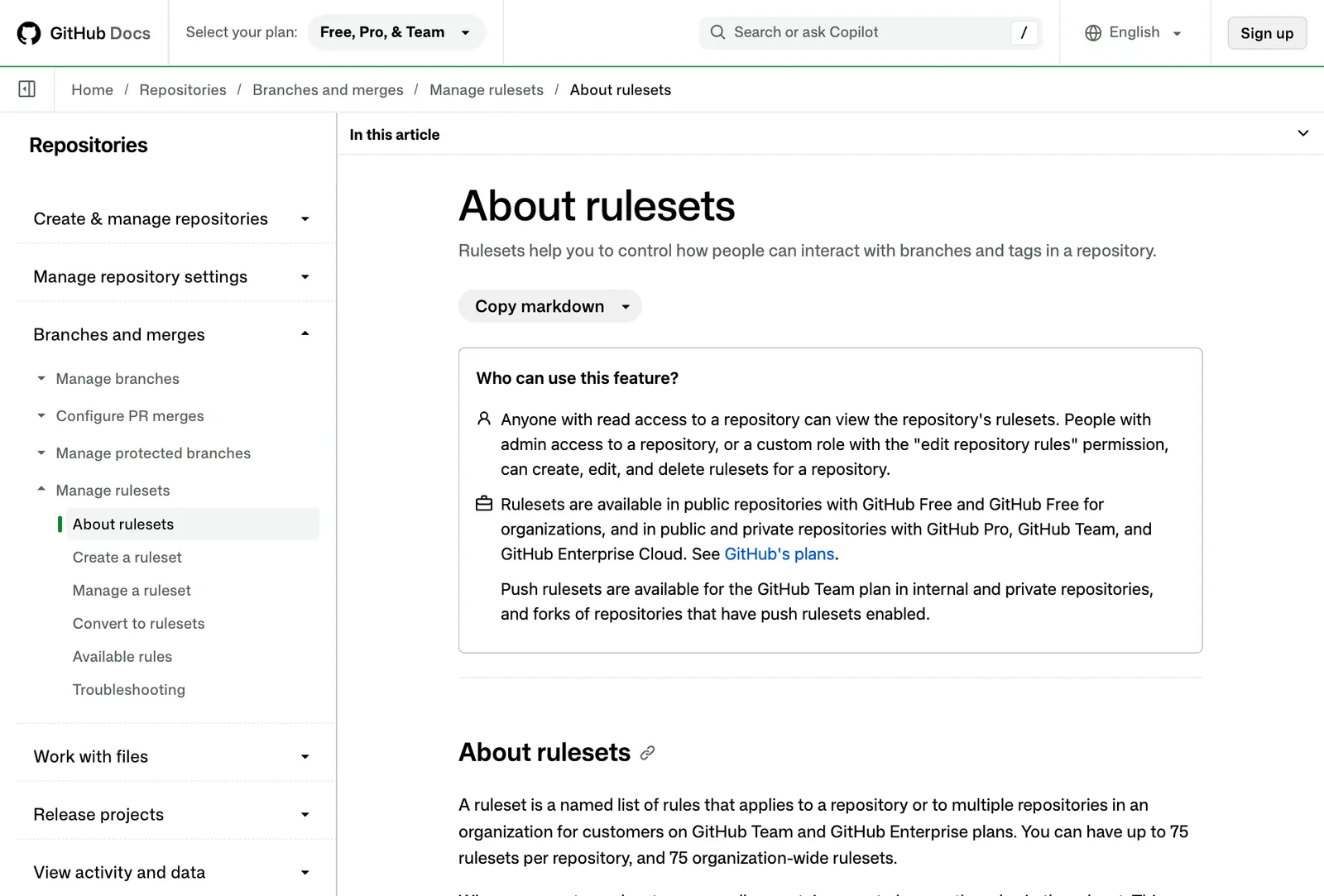 หน้าเอกสาร About rulesets ของ GitHub Docs ระบุผู้ที่ใช้ rulesets ได้ แผนที่รองรับ และจำนวนสูงสุด 75 ชุดต่อ repository