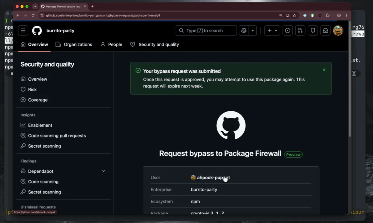 หน้า Request bypass to Package Firewall บน GitHub แสดงข้อความ Your bypass request was submitted และข้อมูลคำขอ เช่น Ecosystem npm