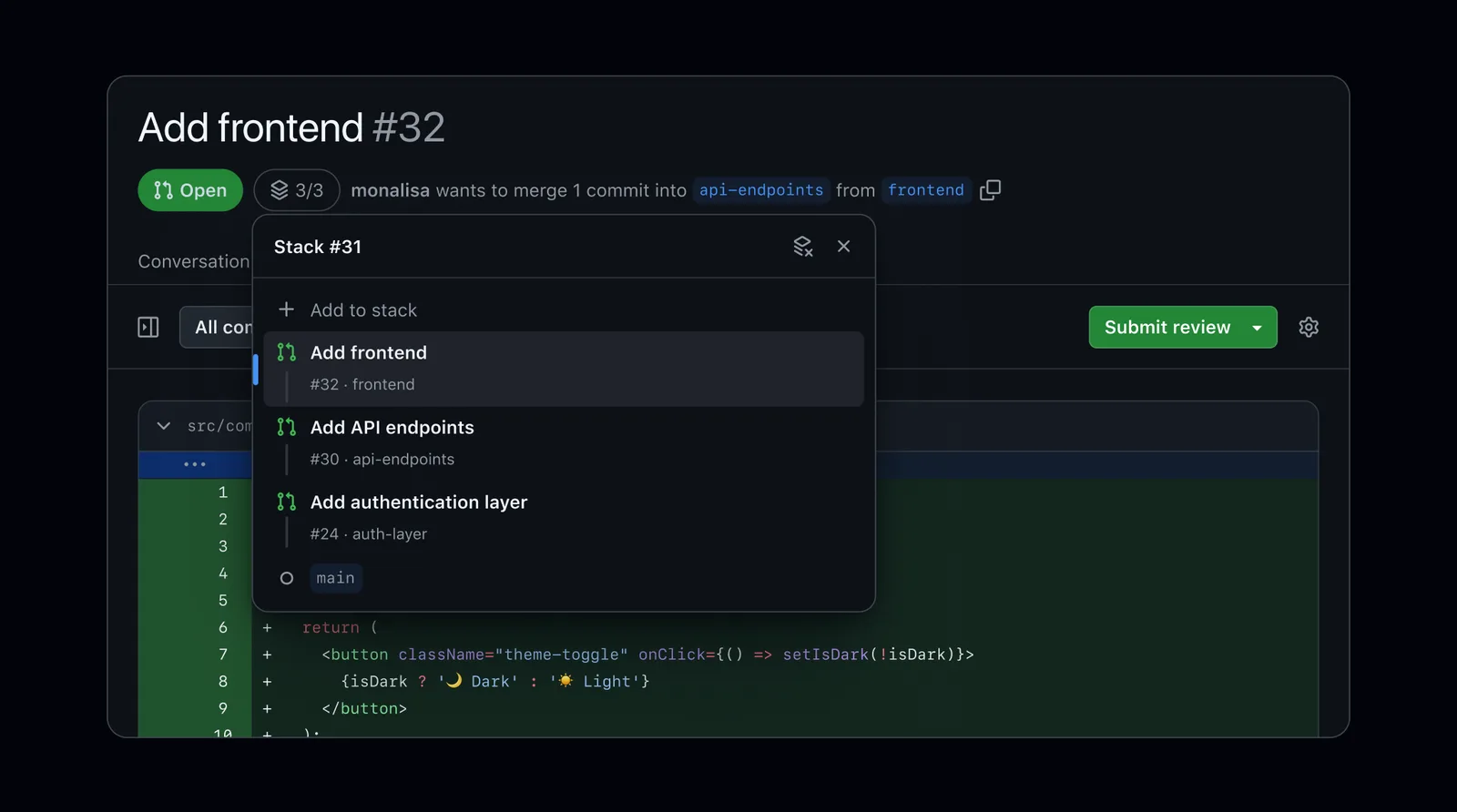หน้า pull request บน GitHub ที่เปิดแผนผัง Stack แสดง Stacked Pull Requests สามชั้น ได้แก่ Add authentication layer, Add API endpoints และ Add frontend ซ้อนอยู่บน main
