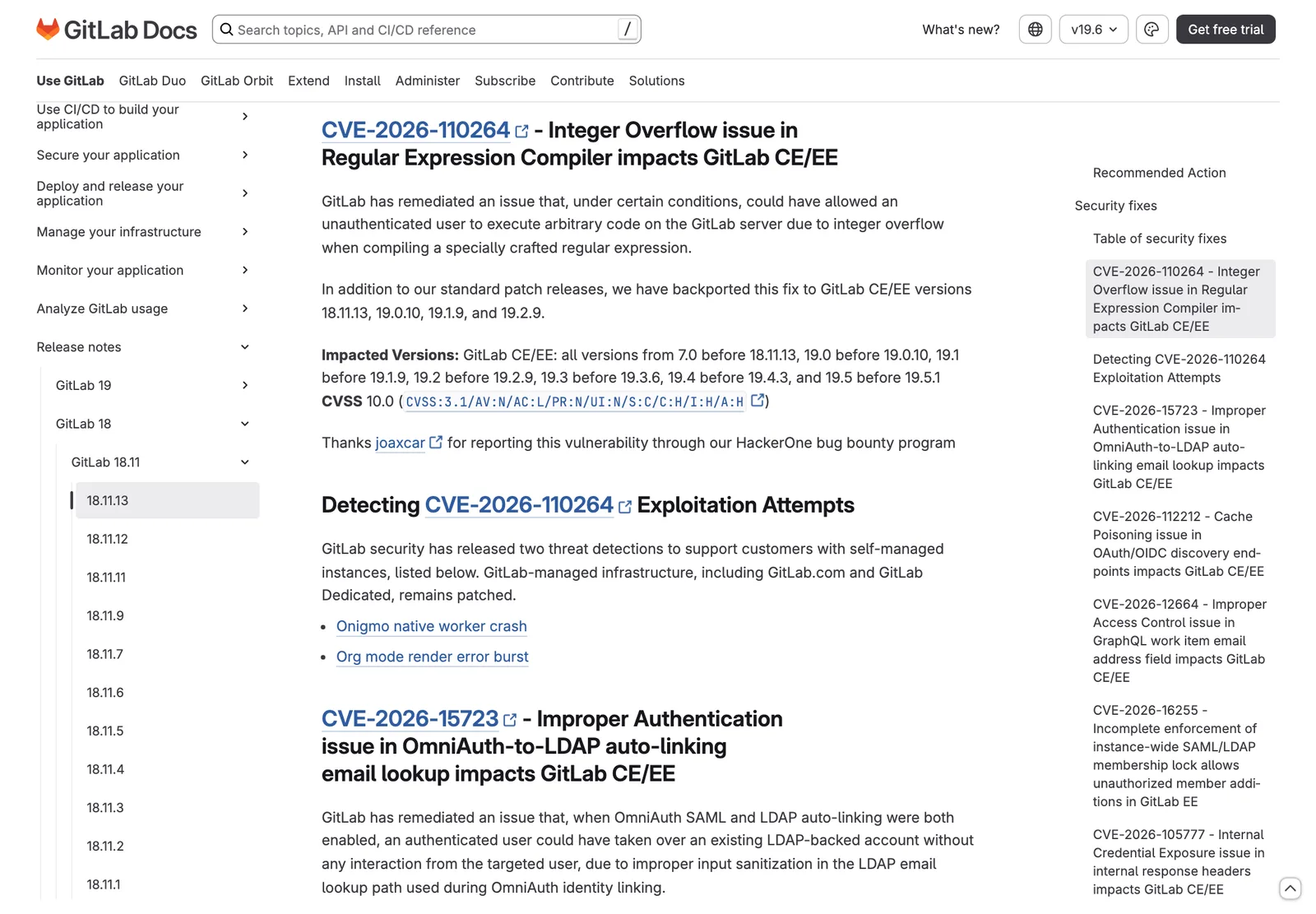 ประกาศ GitLab Critical Patch Release ส่วนที่อธิบาย CVE-2026-110264 Integer Overflow issue in Regular Expression Compiler รุ่นที่กระทบตั้งแต่ 7.0 และคะแนน CVSS 10.0