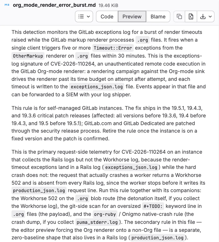 เอกสารกฎตรวจจับ Org mode render error burst ของ GitLab Security ที่ใช้ตรวจความพยายามโจมตี CVE-2026-110264 ผ่าน exceptions_json.log