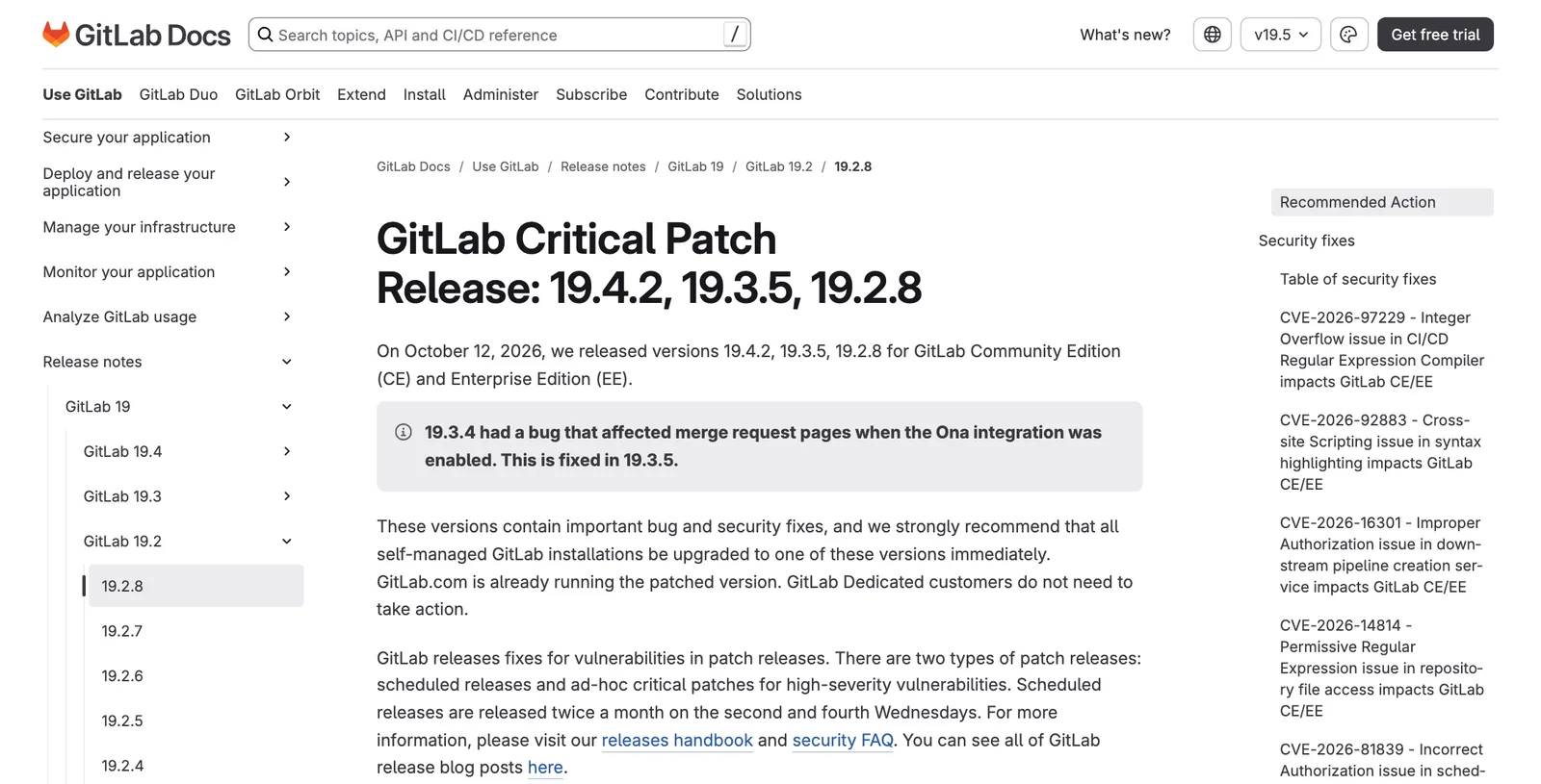 หน้า GitLab Docs ประกาศ GitLab Critical Patch Release 19.4.2, 19.3.5 และ 19.2.8 ออกเมื่อ 12 ตุลาคม 2026 รายการแรกคือ CVE-2026-97229 Integer Overflow issue in CI/CD Regular Expression Compiler