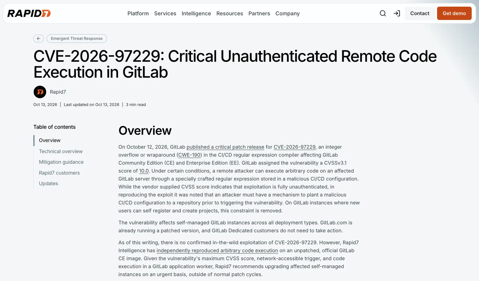 บทวิเคราะห์ Emergent Threat Response ของ Rapid7 วันที่ 13 ตุลาคม 2026 หัวข้อ CVE-2026-97229: Critical Unauthenticated Remote Code Execution in GitLab ระบุว่ายังไม่พบการโจมตีจริงแต่ Rapid7 ทำซ้ำการรันโค้ดได้