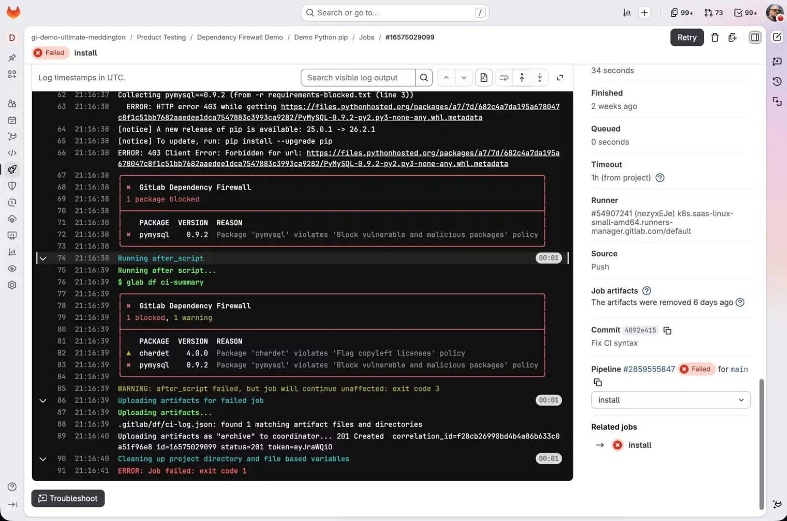 บันทึกงาน CI ใน GitLab ที่ Dependency Firewall บล็อกแพ็กเกจ pymysql 0.9.2 และเตือนแพ็กเกจ chardet 4.0.0 จนงาน install ล้มเหลว