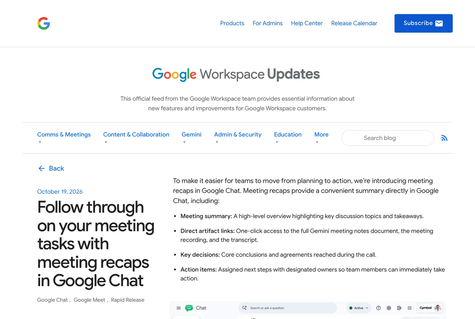 ภาพหน้าจอโพสต์ Follow through on your meeting tasks with meeting recaps in Google Chat บนบล็อก Google Workspace Updates ลงวันที่ 19 ตุลาคม 2026