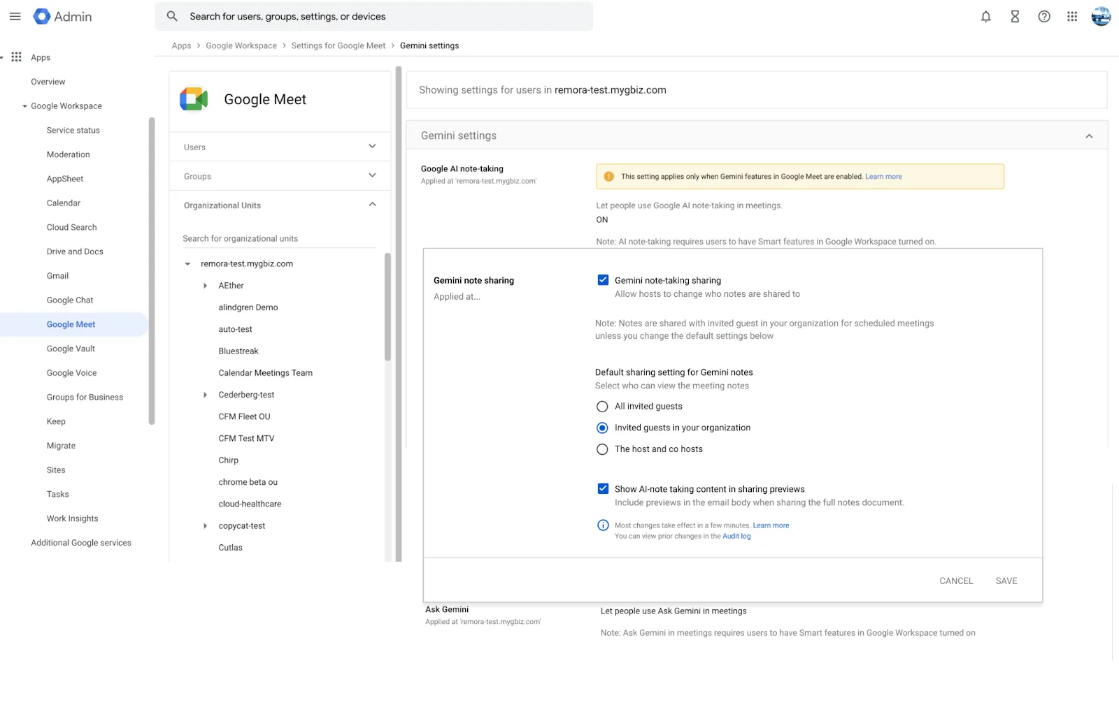 หน้า Admin console ส่วน Gemini settings ของ Google Meet แสดงตัวเลือก Google AI note-taking และ Default sharing setting for Gemini notes: All invited guests, Invited guests in your organization, The host and co hosts