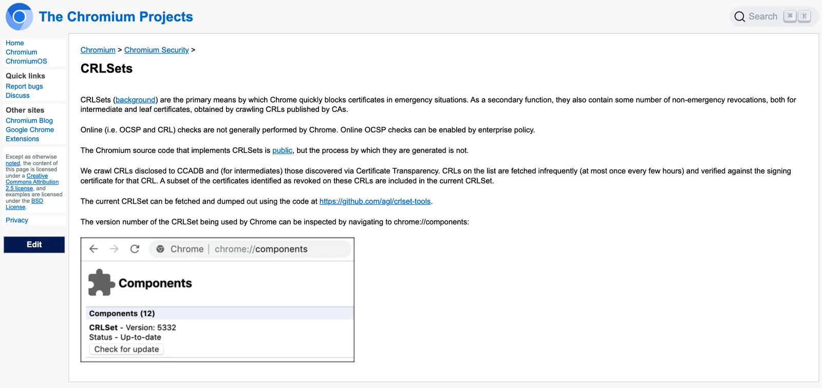 หน้าเอกสาร CRLSets ของ The Chromium Projects อธิบายว่า CRLSets เป็นช่องทางหลักที่ Chrome ใช้บล็อกใบรับรองในกรณีฉุกเฉิน พร้อมภาพหน้า chrome://components ที่แสดงเวอร์ชัน CRLSet