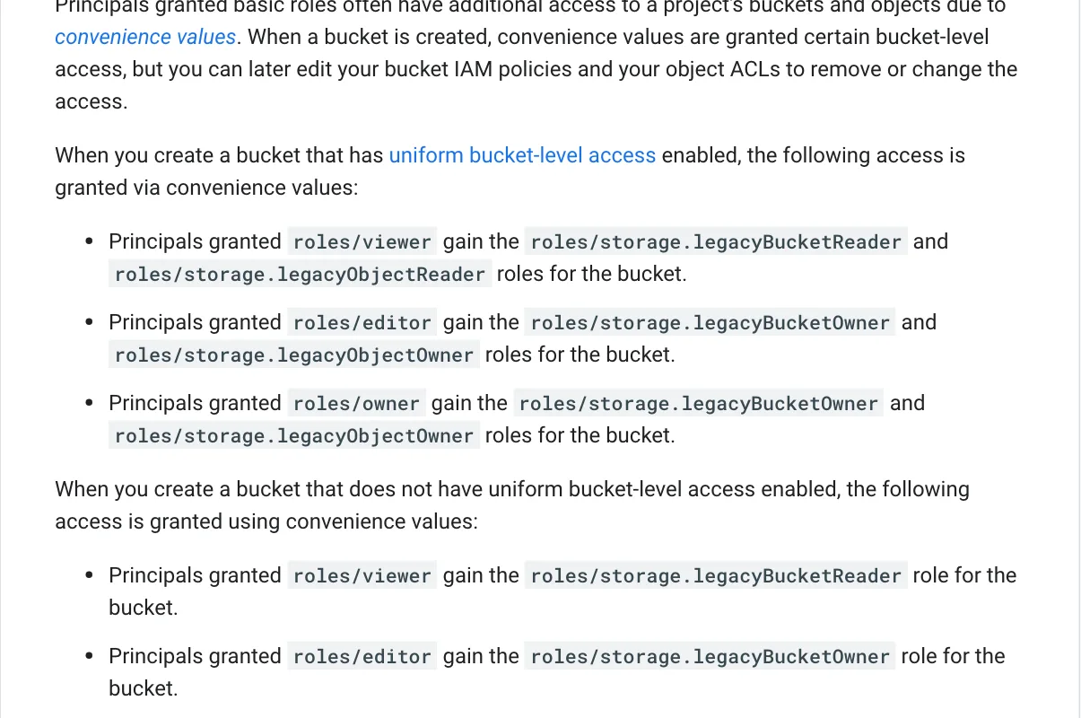 เอกสาร Cloud Storage แสดงสิทธิ์ระดับ bucket ที่ผู้ถือ roles/viewer, roles/editor และ roles/owner ได้ผ่าน convenience values