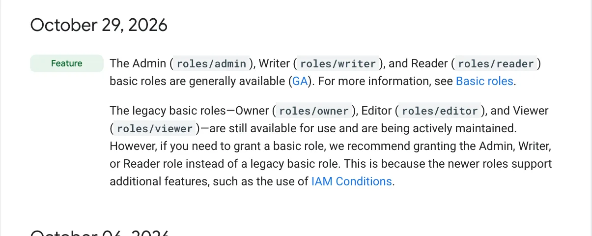 Release notes ของ IAM วันที่ 29 ตุลาคม 2026 ประกาศ Google Cloud basic roles ชุดใหม่ Admin, Writer และ Reader เปิดใช้งานทั่วไป