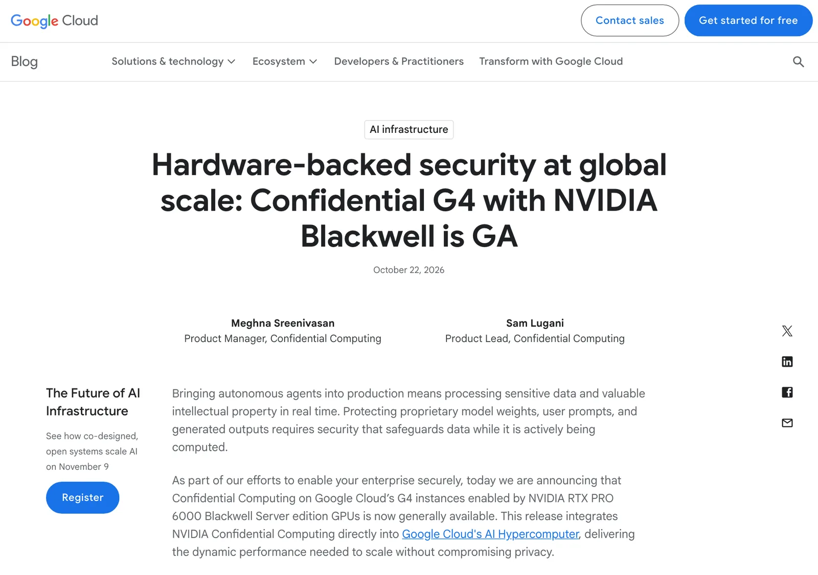 ภาพหน้าจอบล็อก Google Cloud ประกาศ Confidential G4 with NVIDIA Blackwell is GA ลงวันที่ 22 ตุลาคม 2026