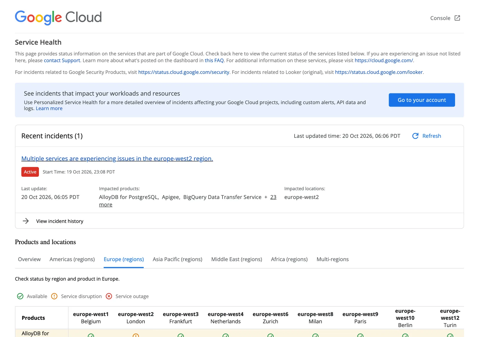 หน้า Google Cloud Service Health แสดงเหตุใน europe-west2 สถานะ Active และตารางสถานะบริการของ Region ในยุโรป