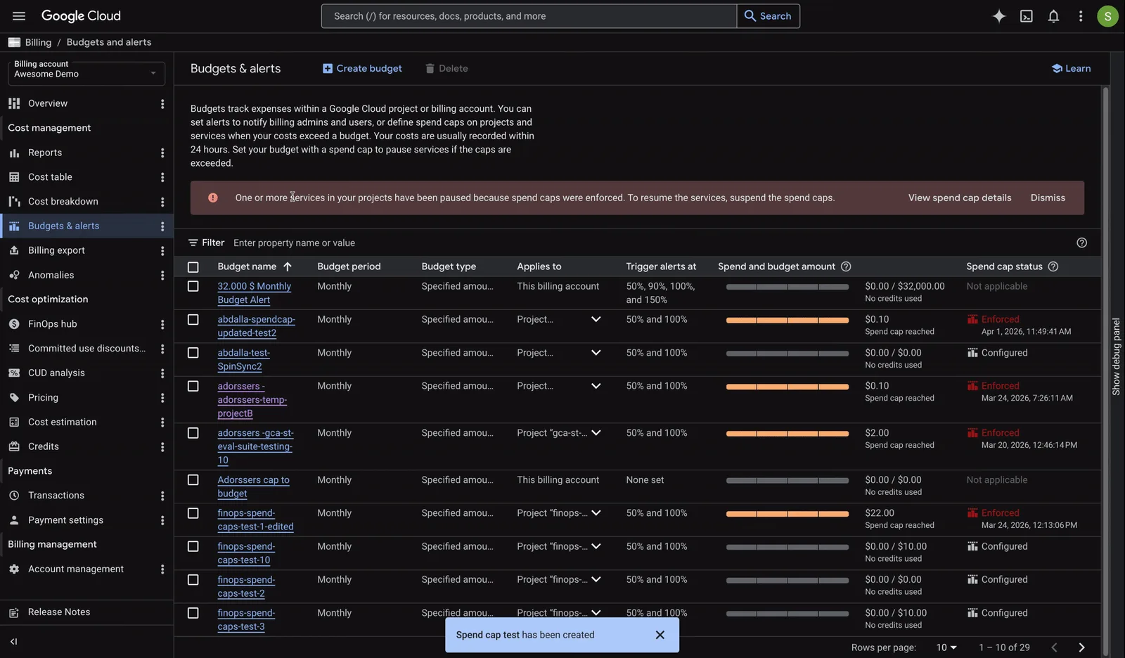 หน้า Budgets and alerts ของ Google Cloud แสดงรายการ budget พร้อมคอลัมน์ Spend cap status และข้อความเตือนว่ามีบริการถูกหยุด