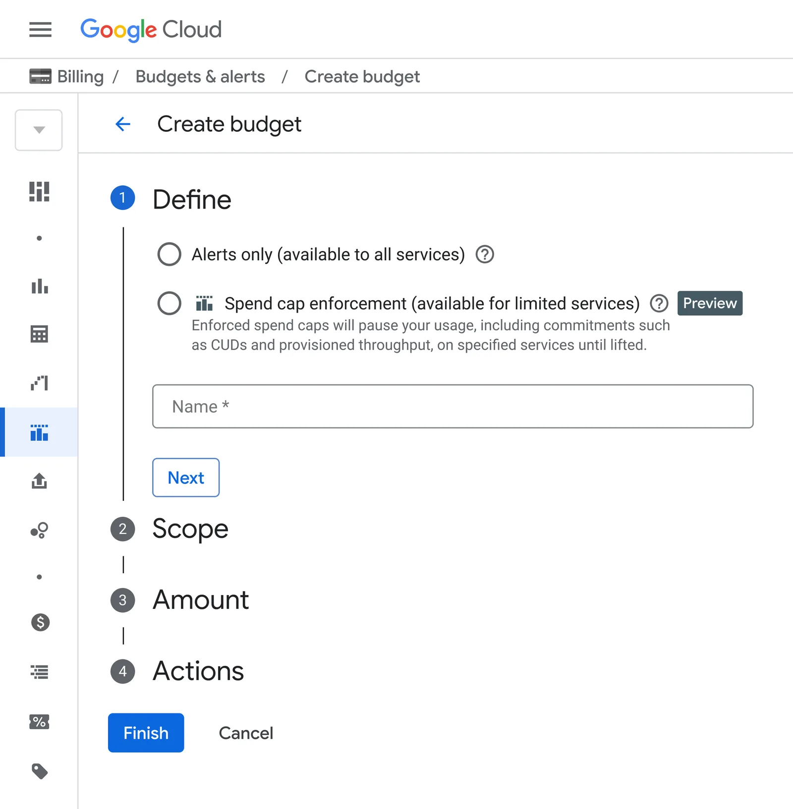 หน้า Create budget ใน Google Cloud console ที่มีตัวเลือก Alerts only และ Spend cap enforcement ติดป้าย Preview