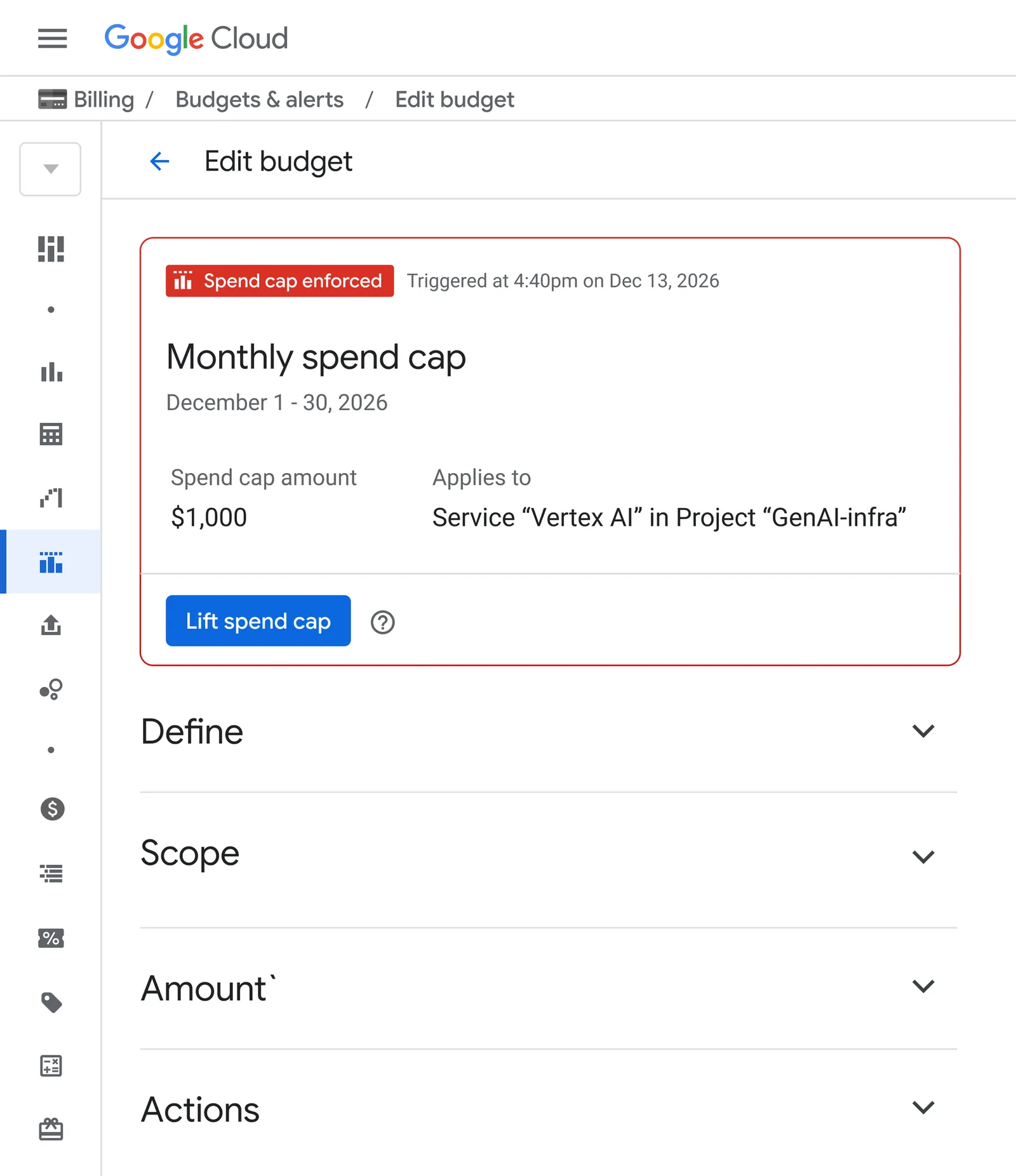 หน้า Edit budget แสดงป้าย Spend cap enforced ของงบ 1,000 ดอลลาร์ บริการ Vertex AI พร้อมปุ่ม Lift spend cap