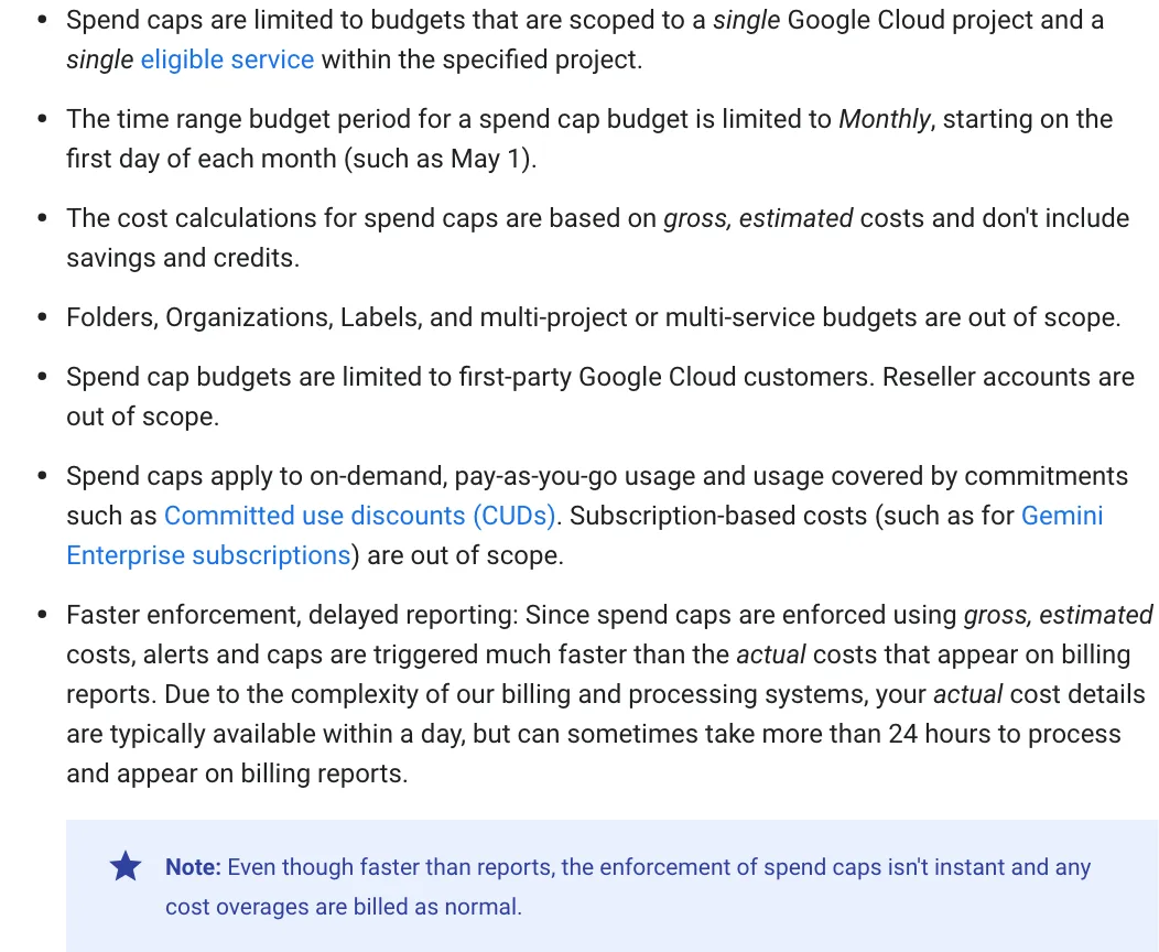 รายการข้อจำกัดในเอกสาร Google ระบุว่า spend cap ใช้ได้เฉพาะโปรเจกต์และบริการเดียว รอบรายเดือน และบัญชี reseller อยู่นอกขอบเขต