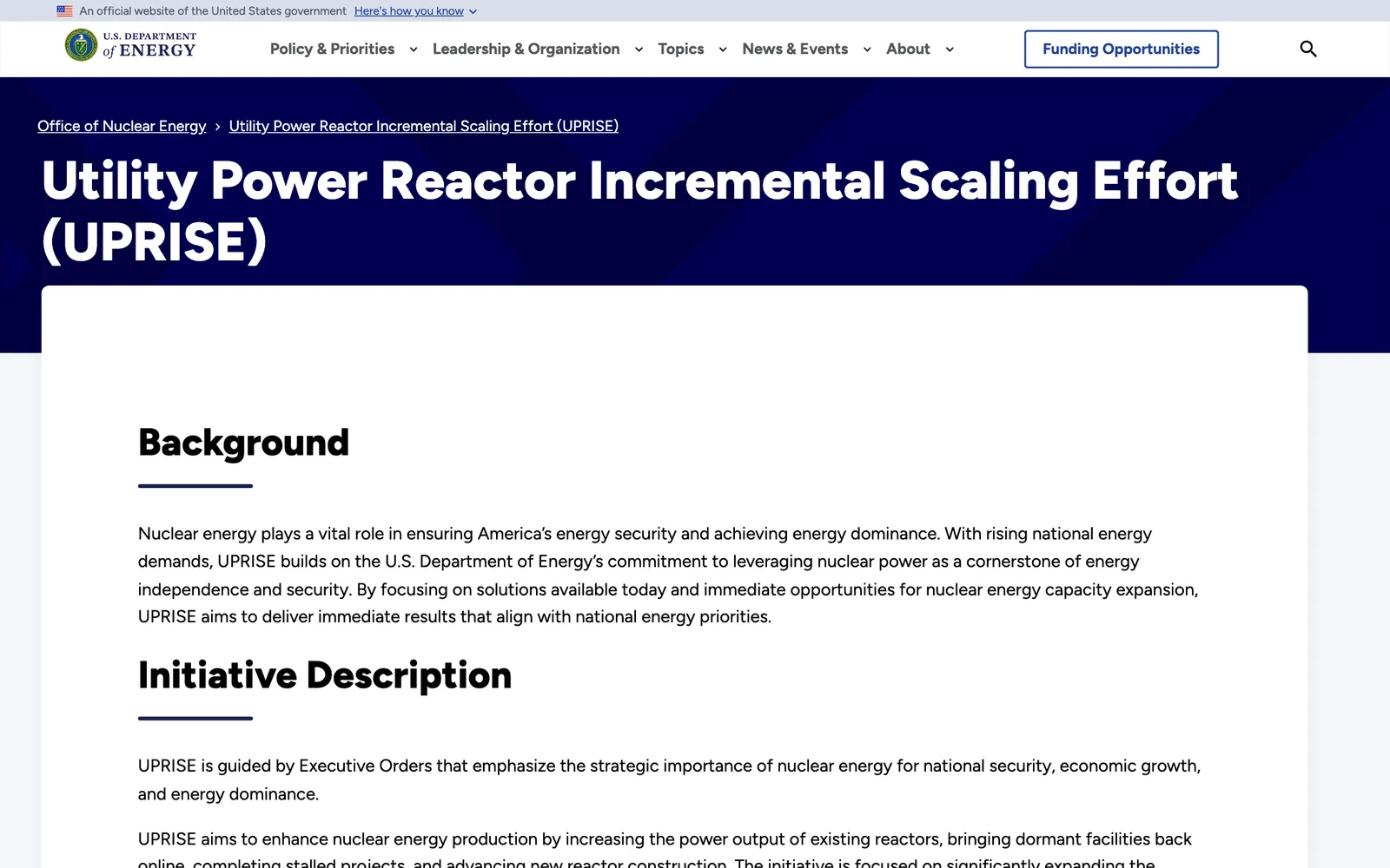หน้าโครงการ UPRISE (Utility Power Reactor Incremental Scaling Effort) ของกระทรวงพลังงานสหรัฐฯ