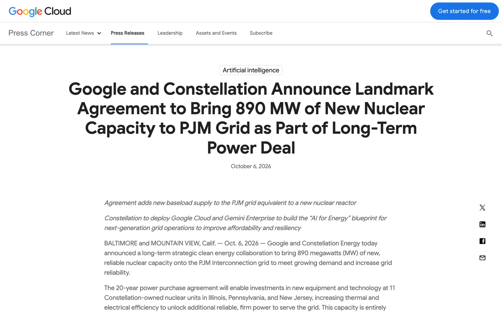หน้าแถลงการณ์ร่วมของ Google และ Constellation วันที่ 6 ตุลาคม 2026 เรื่องข้อตกลงเพิ่มกำลังผลิตนิวเคลียร์ 890 MW เข้าโครงข่าย PJM