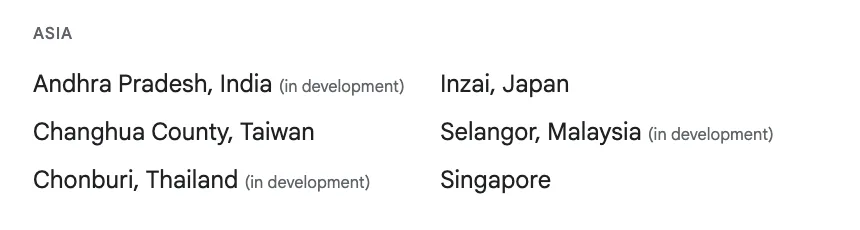 ภาพหน้าจอรายชื่อที่ตั้งดาต้าเซ็นเตอร์ของ Google ในเอเชีย ระบุ Chonburi, Thailand (in development)