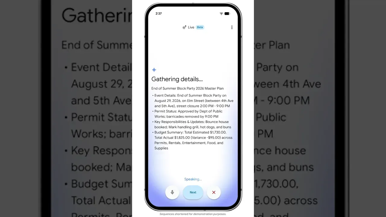 หน้าจอ Docs Live บนมือถือในแอป Google Docs ขึ้นข้อความ Gathering details พร้อมรายละเอียดแผนงาน End of Summer Block Party 2026 ที่ร่างจากเสียงของผู้ใช้