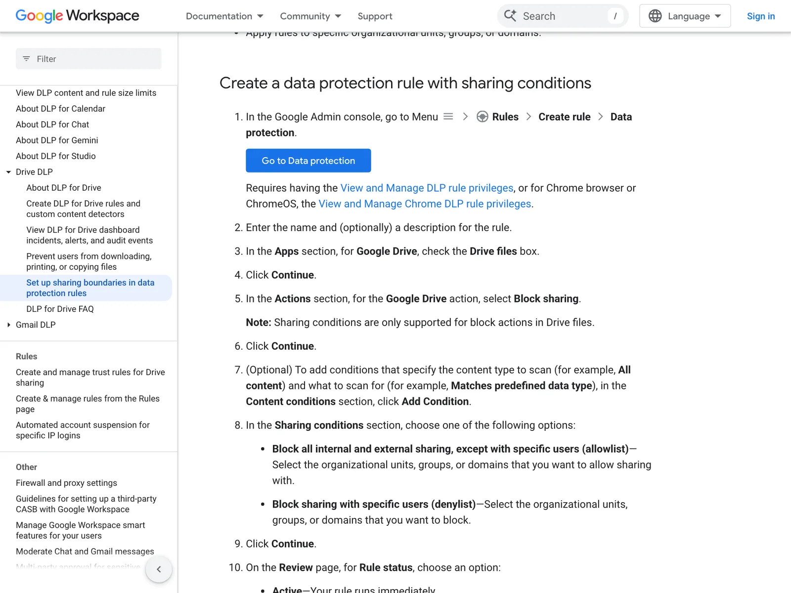 หน้าช่วยเหลือ Set up sharing boundaries in data protection rules แสดงขั้นตอนสร้างกฎ