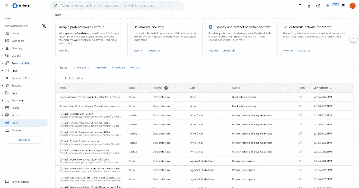 หน้า Rules ใน Google Admin console แสดงรายการกฎ data protection สำหรับ Drive