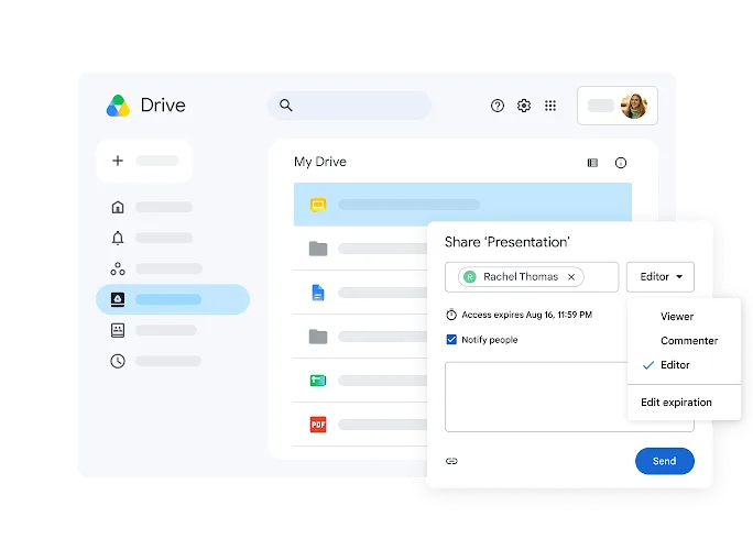 หน้าต่างแชร์ไฟล์จาก Google Drive ที่เปลี่ยนสิทธิ์เป็นผู้แก้ไขพร้อมวันหมดอายุ