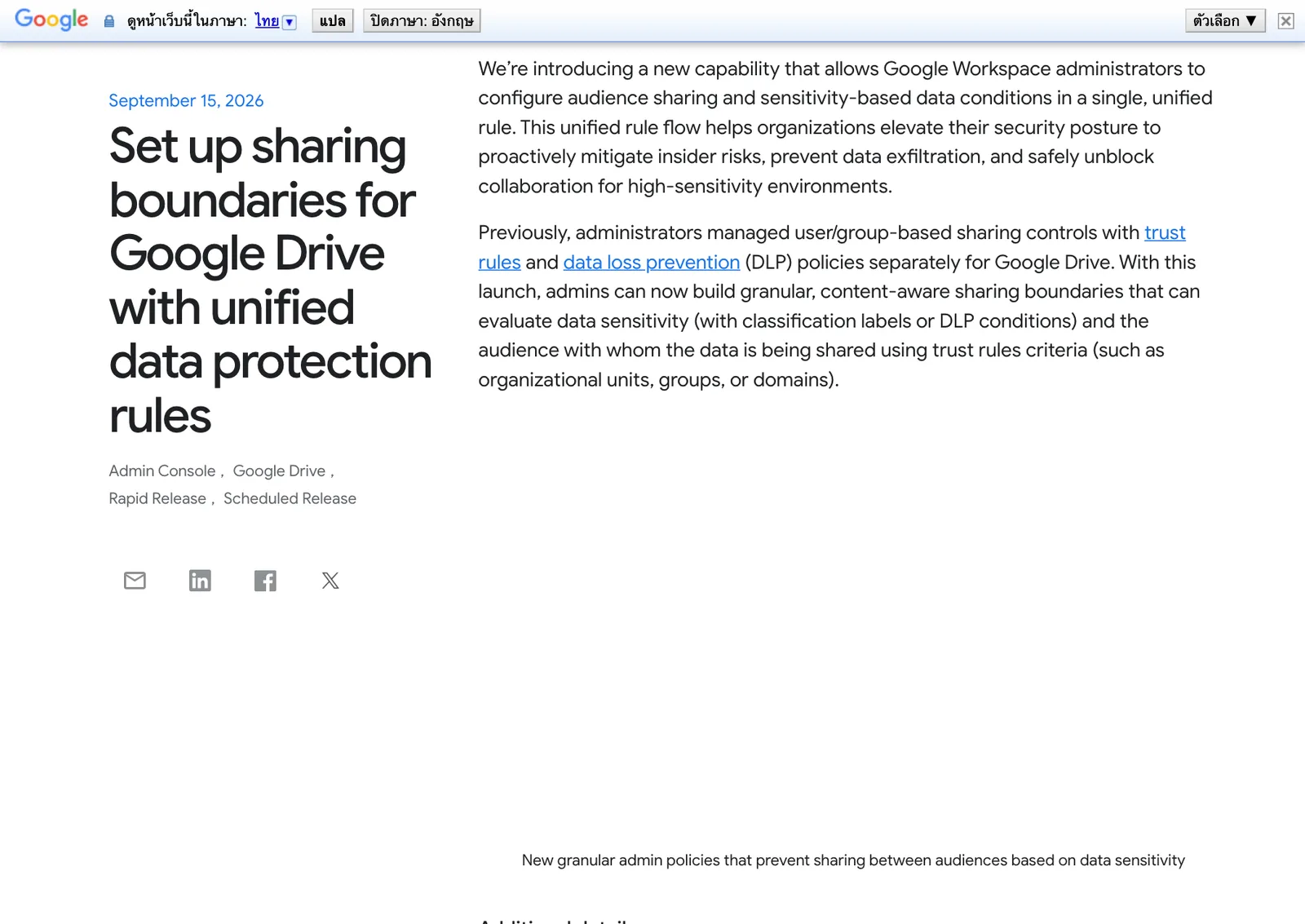 ประกาศ Set up sharing boundaries for Google Drive with unified data protection rules