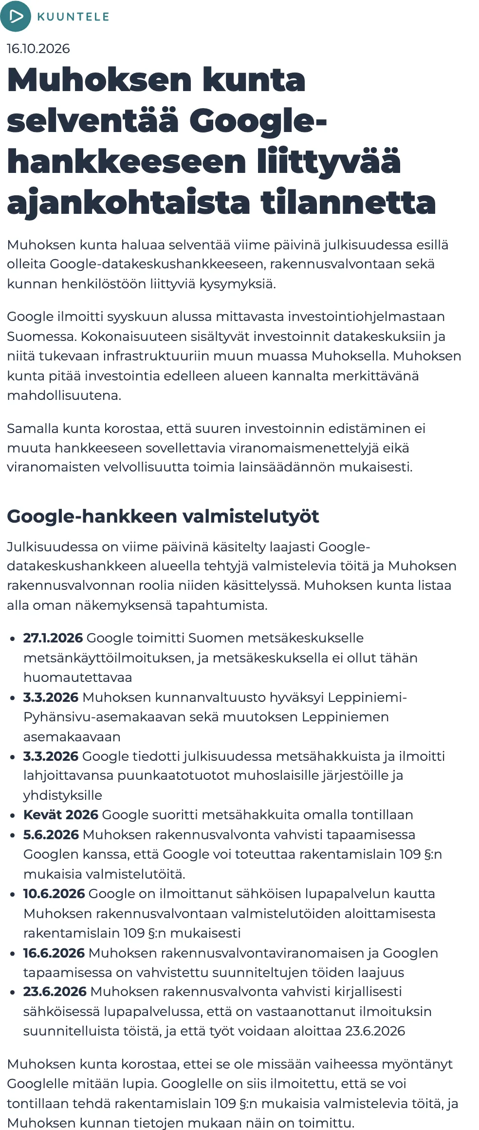 คำชี้แจงของเทศบาล Muhos ลงวันที่ 16 ตุลาคม 2026 เรื่องโครงการ Google พร้อมลำดับเหตุการณ์ตั้งแต่ 27 มกราคมถึง 23 มิถุนายน 2026