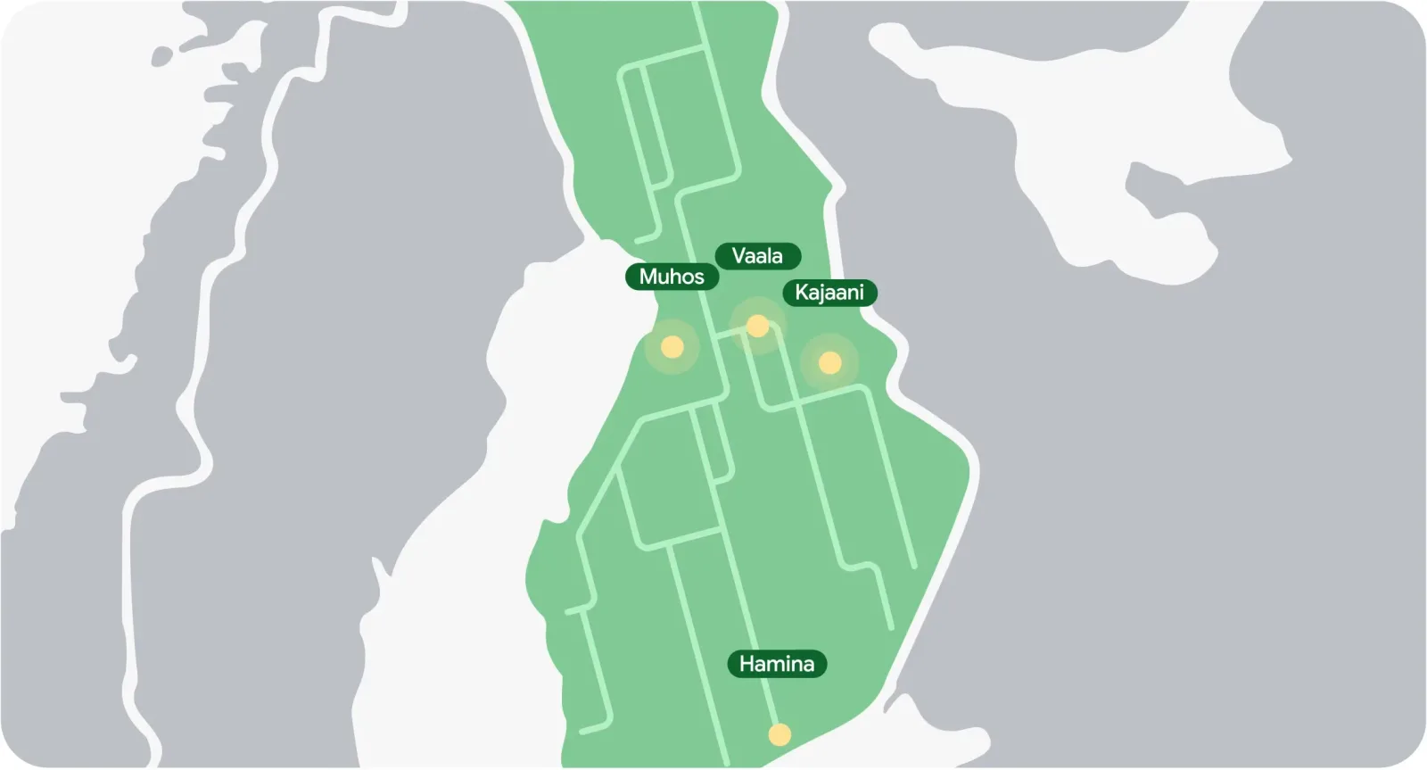 แผนที่ของ Google แสดงที่ตั้งดาต้าเซ็นเตอร์ในฟินแลนด์ที่ Muhos, Vaala, Kajaani และ Hamina ซึ่งเกี่ยวข้องกับกรณี Google ตัดป่าฟินแลนด์