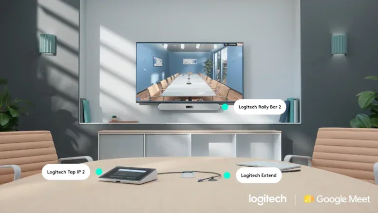 ห้องประชุมติดตั้ง Logitech Rally Bar 2 พร้อม Logitech Tap IP 2 และ Logitech Extend สำหรับ Google Meet