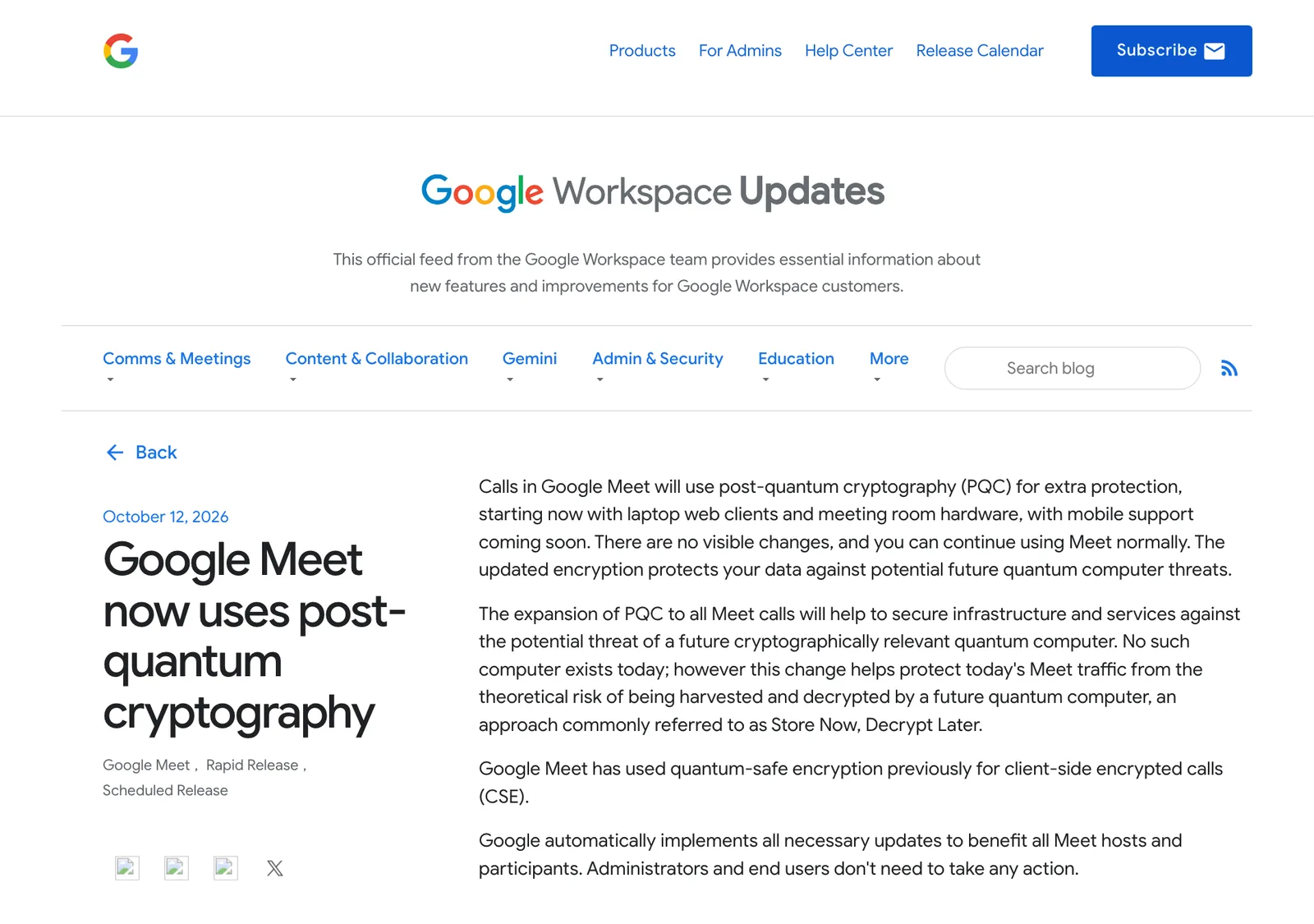 ภาพหน้าจอโพสต์ Google Meet now uses post-quantum cryptography บนบล็อก Google Workspace Updates วันที่ 12 ตุลาคม 2026