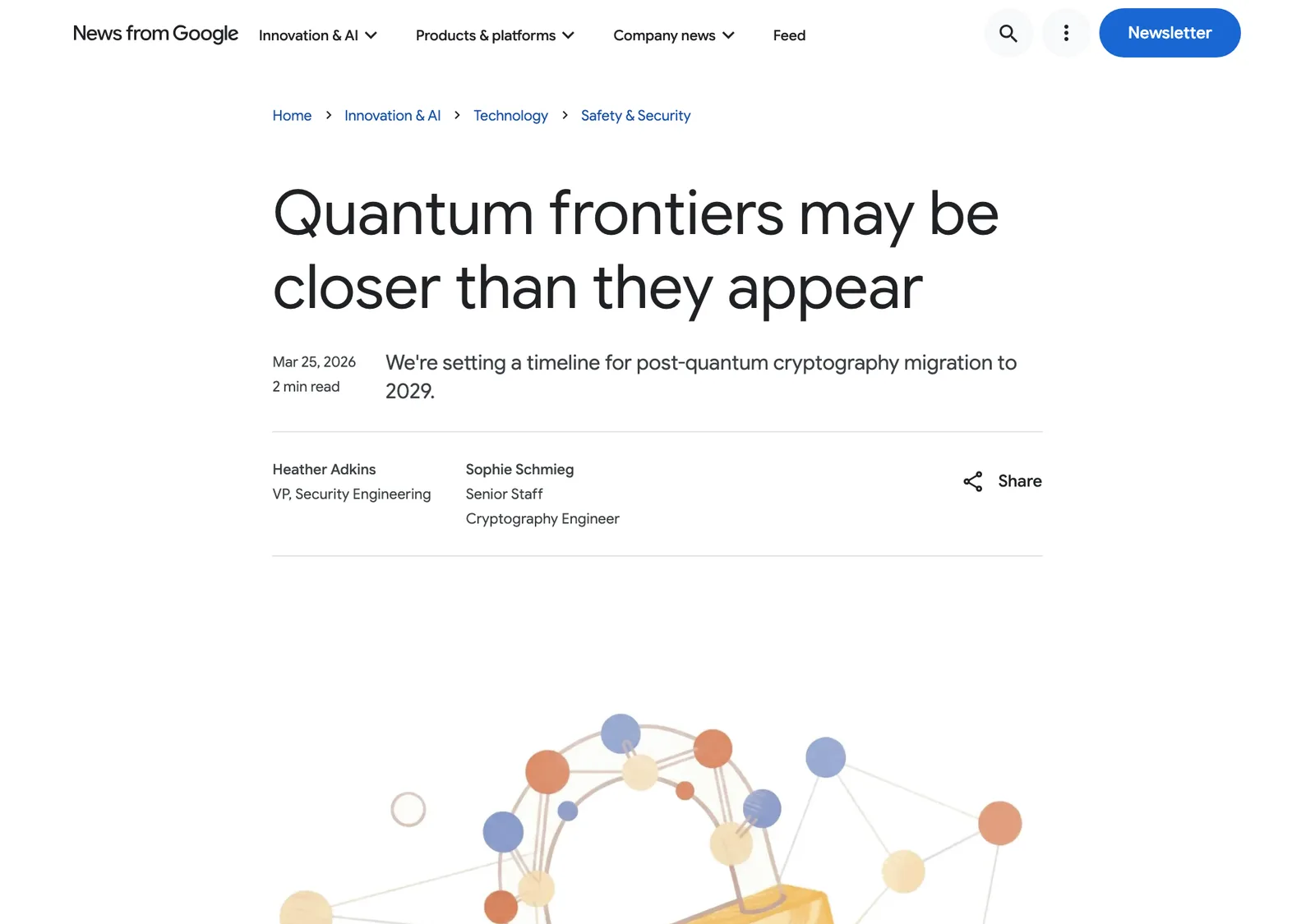 ภาพหน้าจอโพสต์ Quantum frontiers may be closer than they appear บนบล็อกของ Google วันที่ 25 มีนาคม 2026 ประกาศย้ายไปใช้ post-quantum cryptography ภายในปี 2029