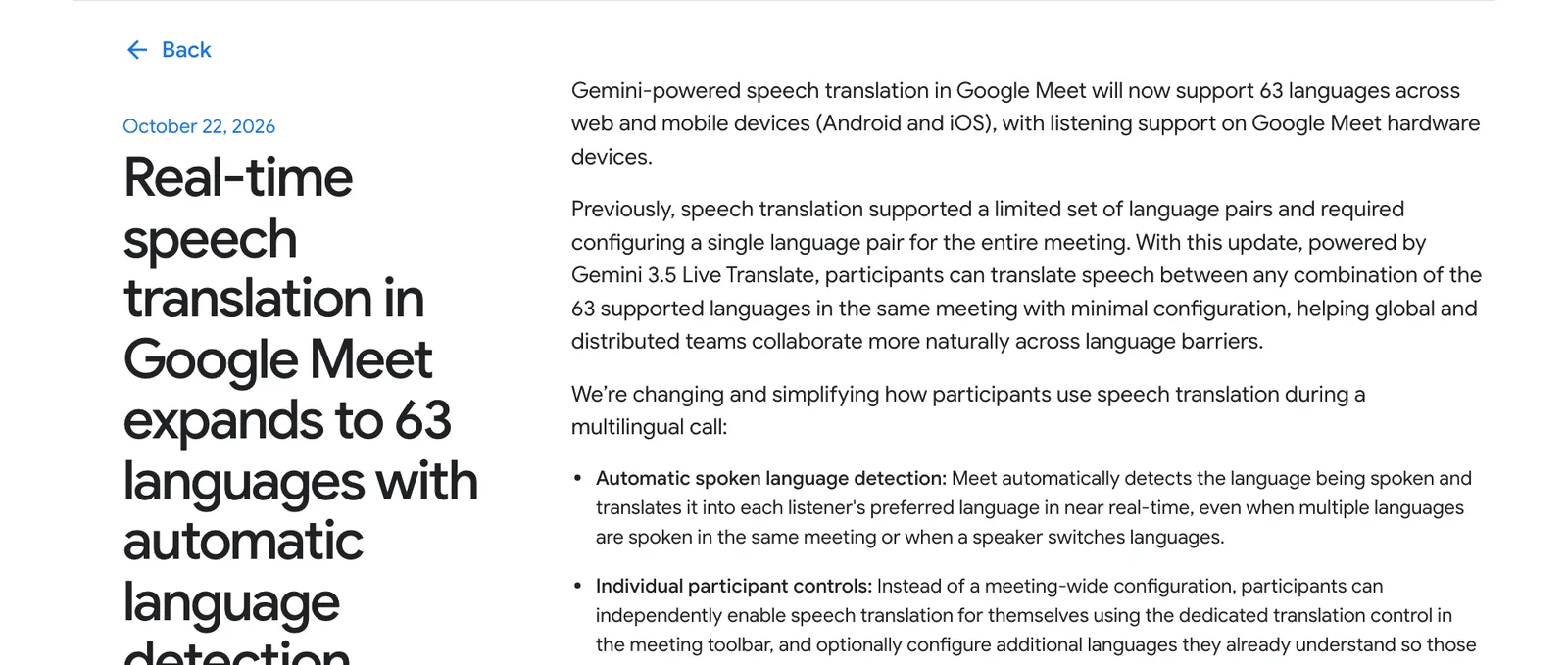 ประกาศ Google Workspace Updates วันที่ 22 ตุลาคม 2026 ว่าการแปลเสียงพูดใน Google Meet ขยายเป็น 63 ภาษา ทำให้ Google Meet แปลเสียงภาษาไทยได้ พร้อมตรวจภาษาผู้พูดอัตโนมัติ